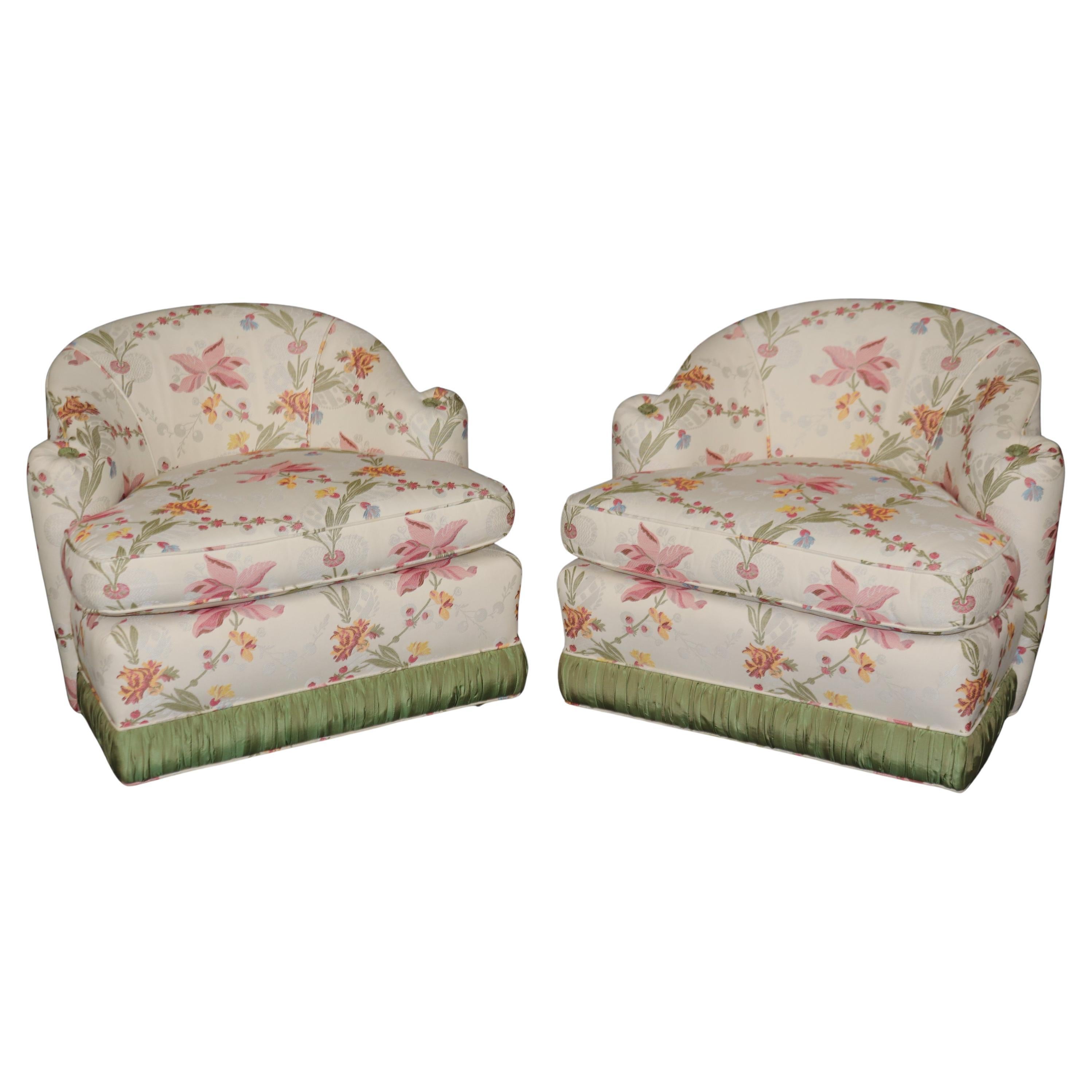 Beautiful Floral Print Upholstered Hollywood Regency Draper Era Club Chairs