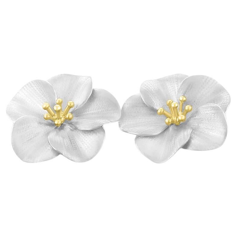 Beautiful Flower Petal Earrings in 14K White Gold For Sale