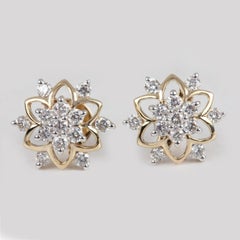 Beautiful Flower Shaped 14k Yellow Gold Studs Natural Pave Diamond Earring Gift.