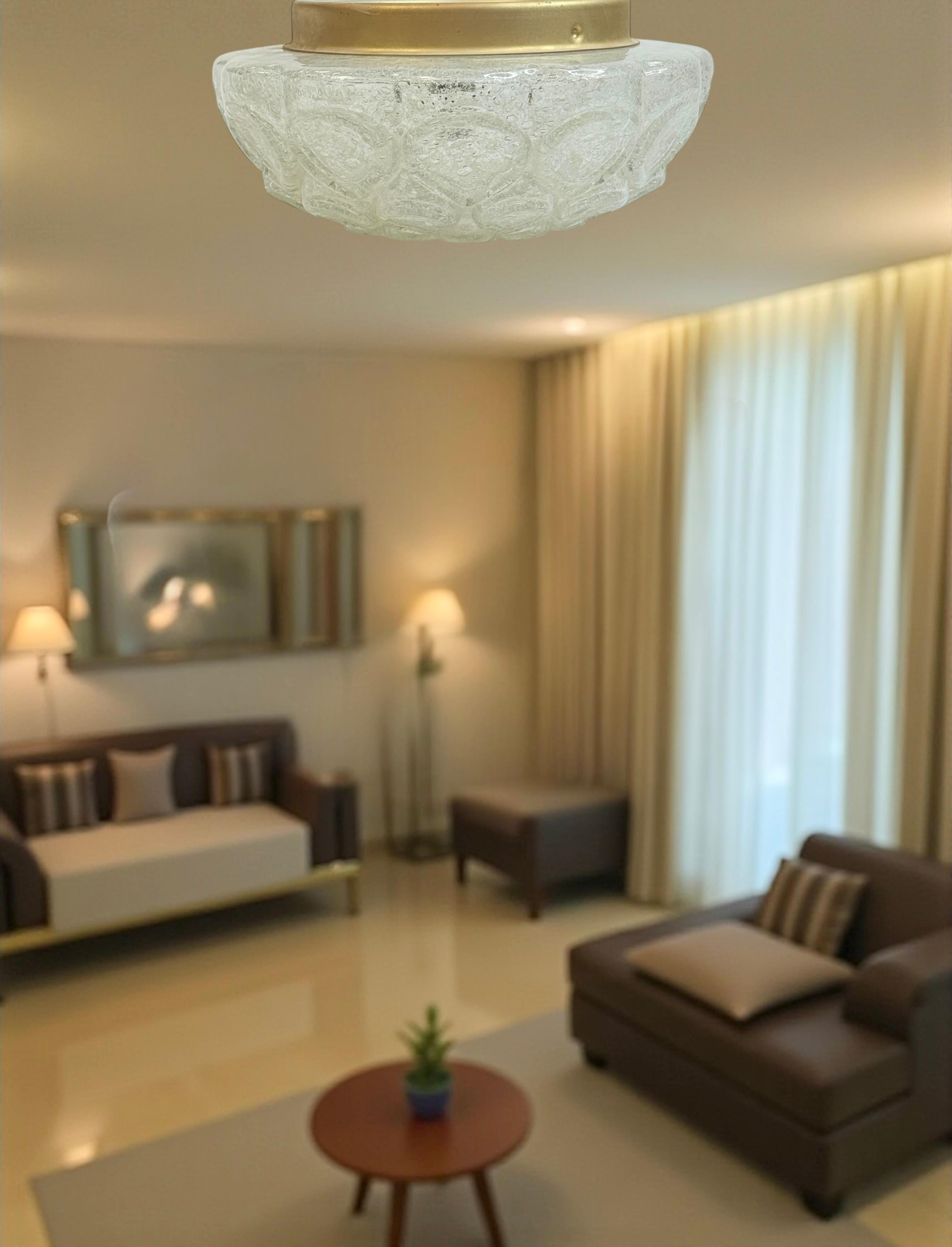 Beautiful Flush Mount frosted Ice Bubble Pattern Glass by Doria Leuchten Germany For Sale 4