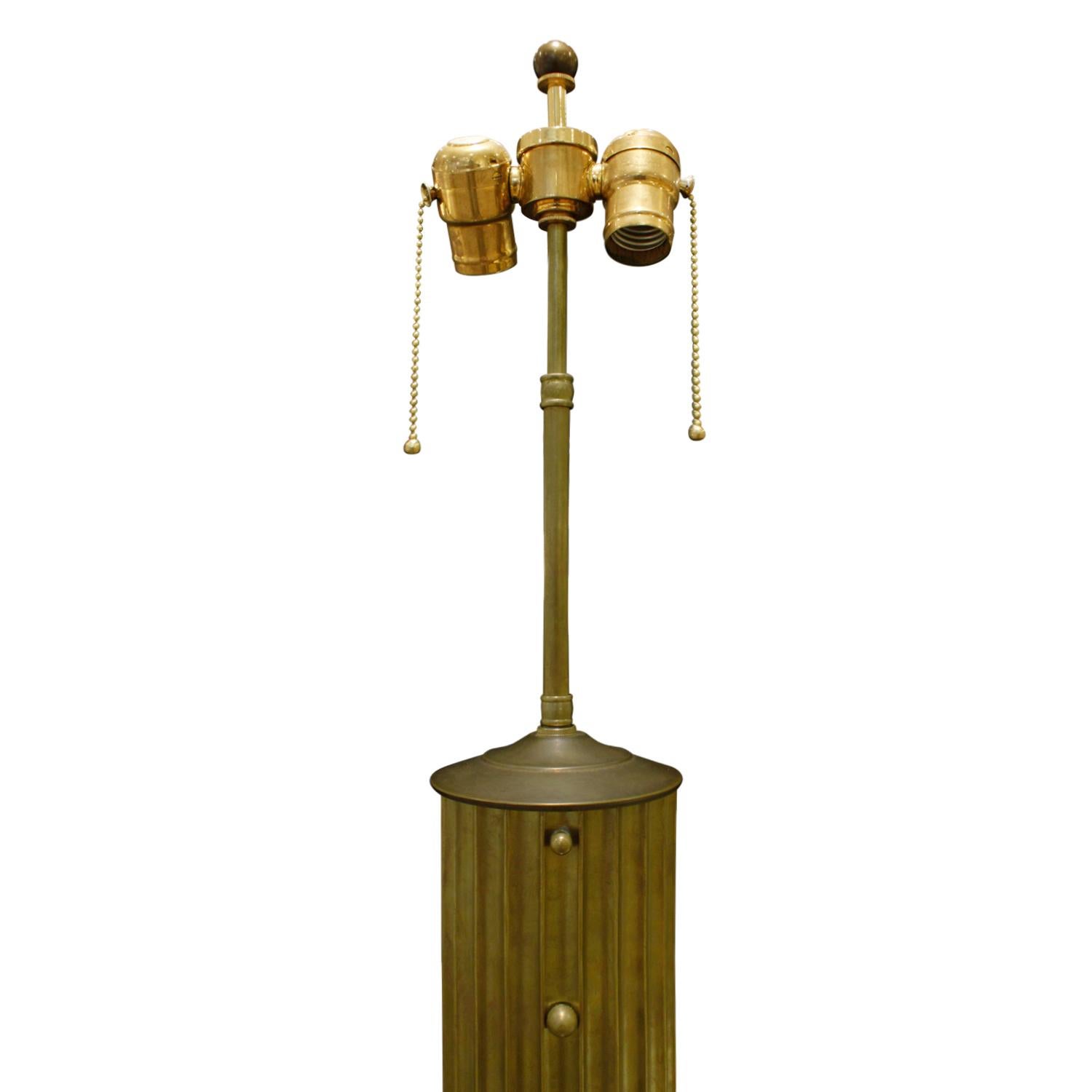 Fine fluted bronze column table lamp with ebonized wood base and custom shade, American 1940's. This lamp is beautifully made and very chic. 

Shade W: 16 inches
Shade D: 11.5 inches
Shade H: 14 inches