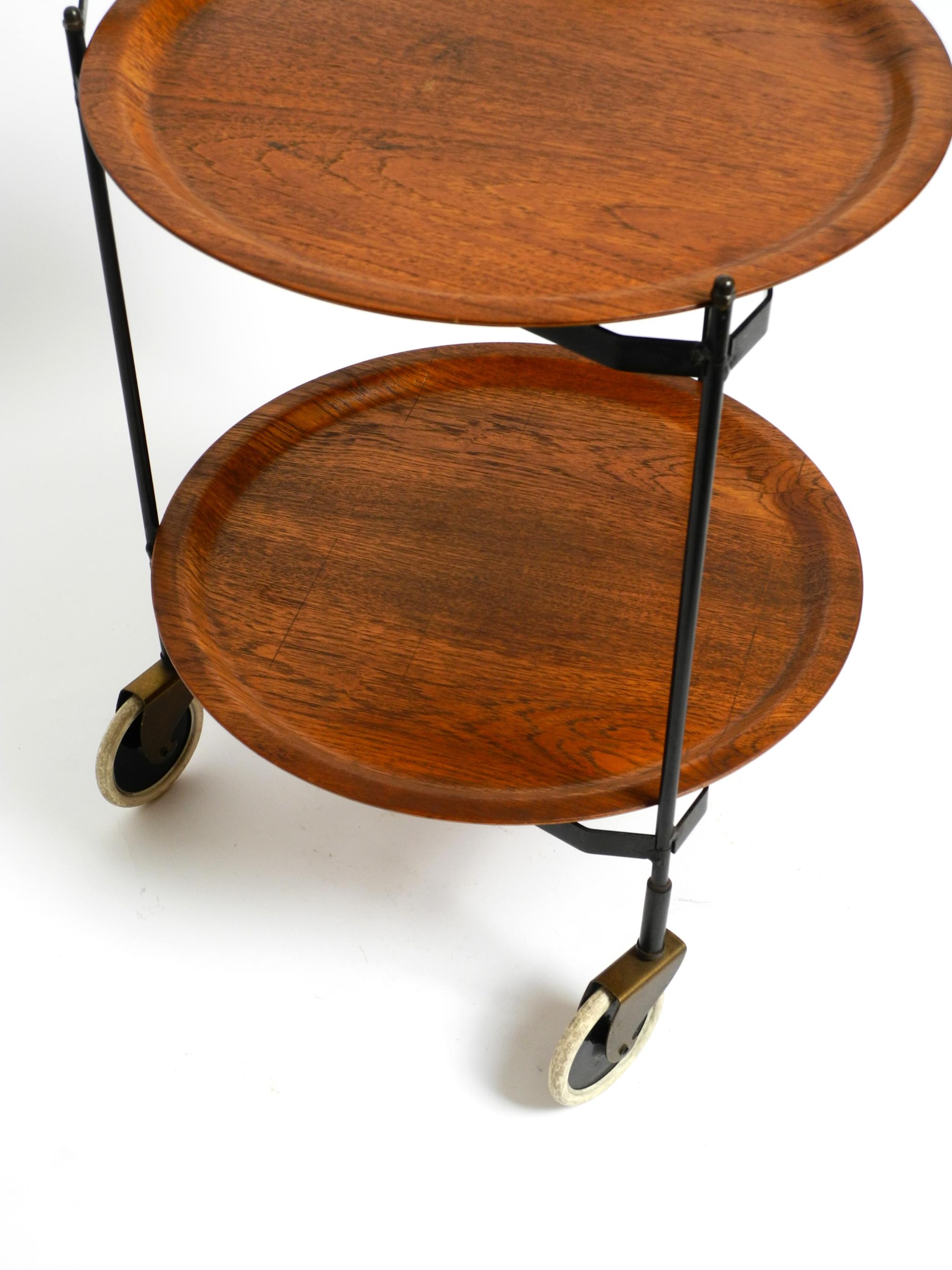 Metal Beautiful folding Mid Century serving trolley with removable teak pagwood trays For Sale