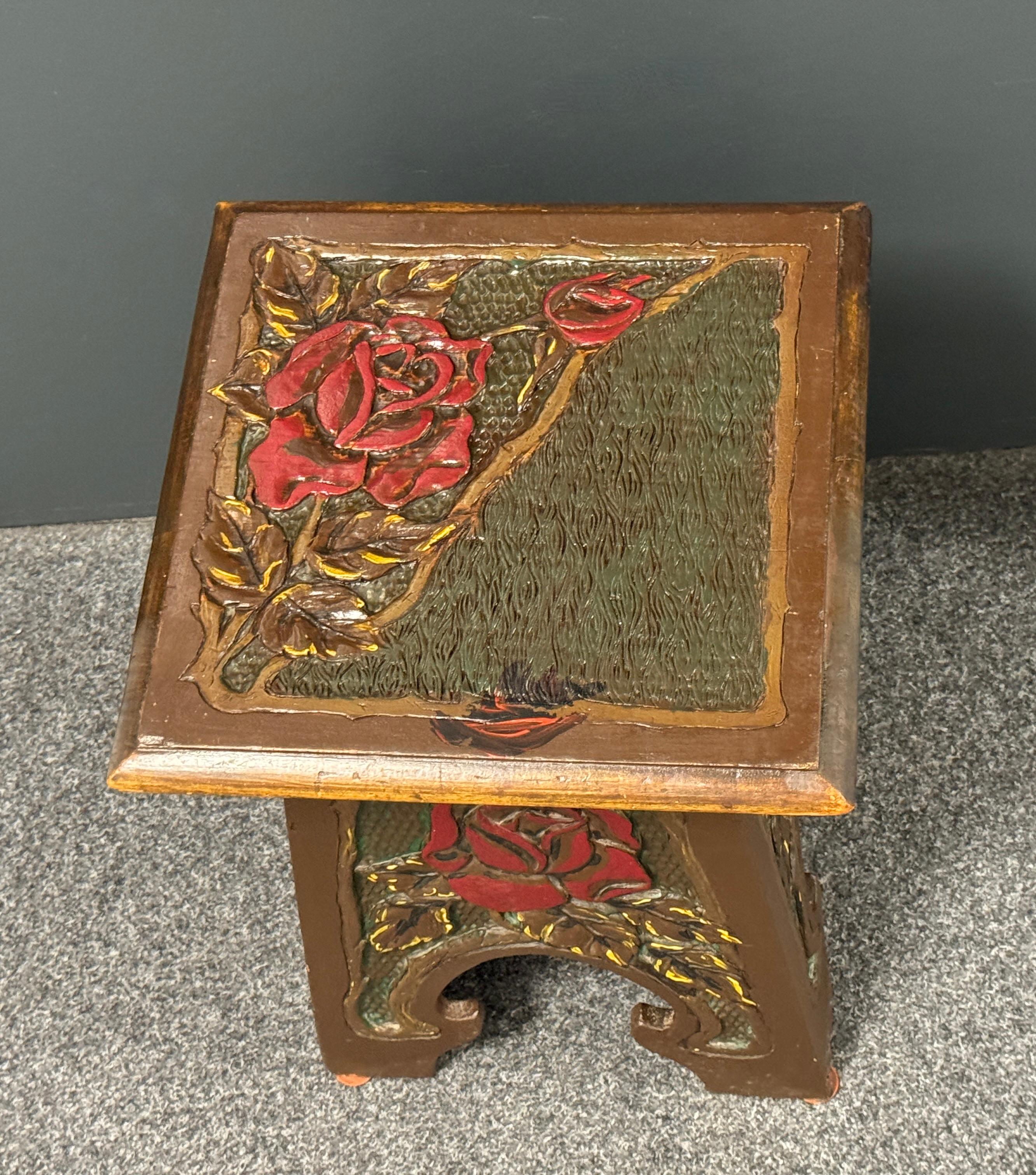 Beautiful Folk Art Wood Carved Chair Foot Rest Stool, Vintage German 1920s For Sale 6