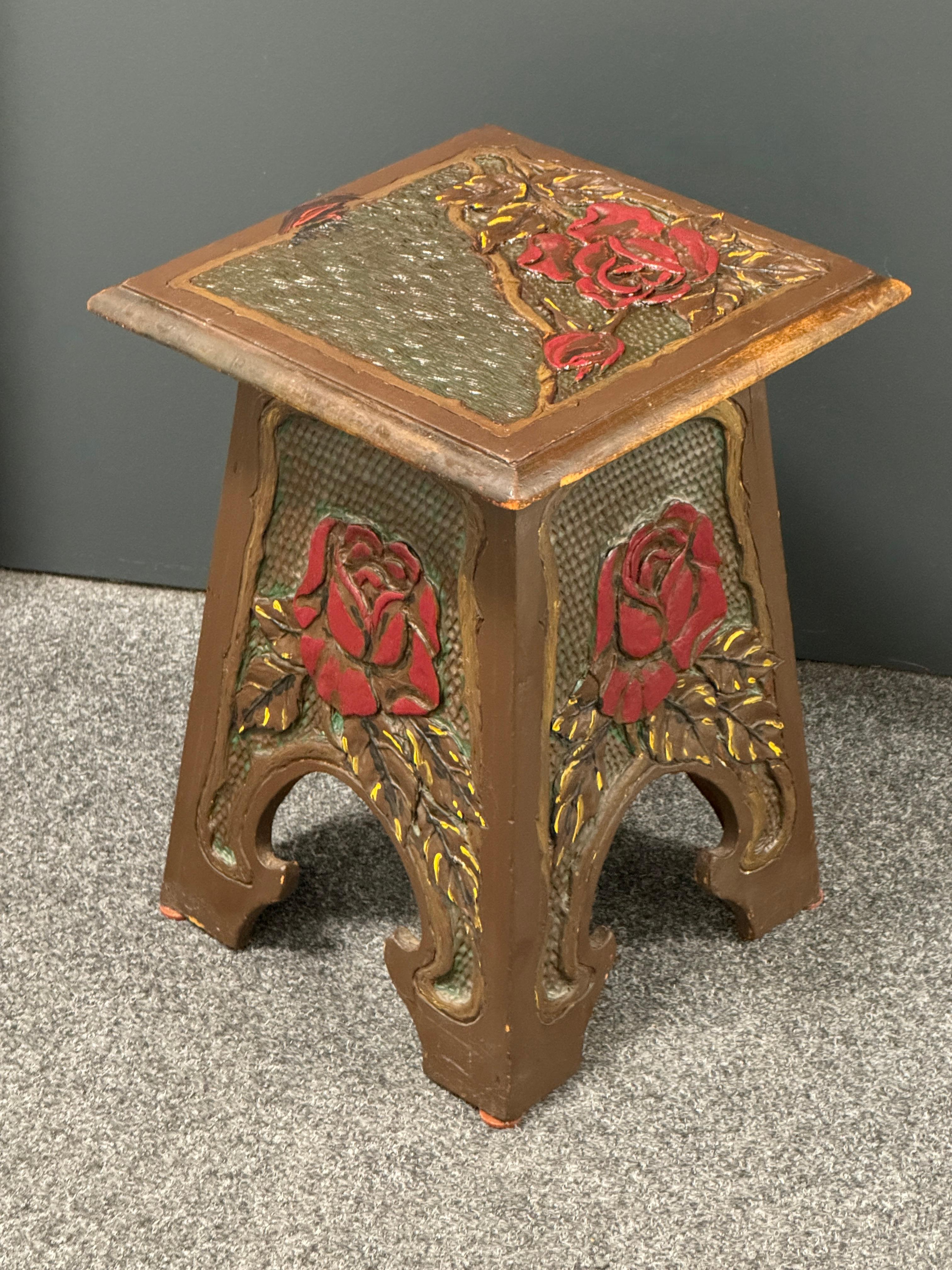 Beautiful Folk Art Wood Carved Chair Foot Rest Stool, Vintage German 1920s For Sale 8