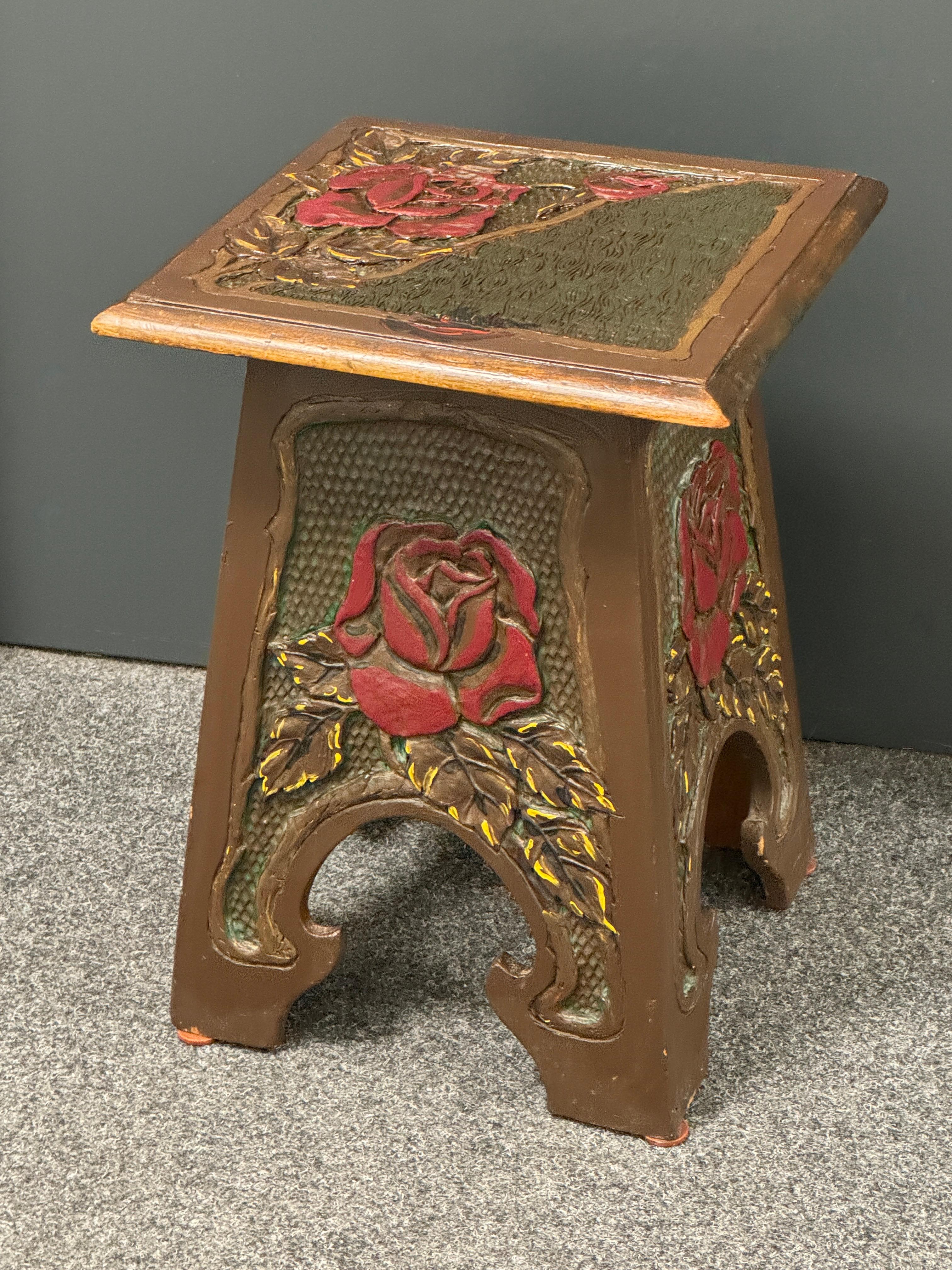 Beautiful Folk Art Wood Carved Chair Foot Rest Stool, Vintage German 1920s For Sale 9