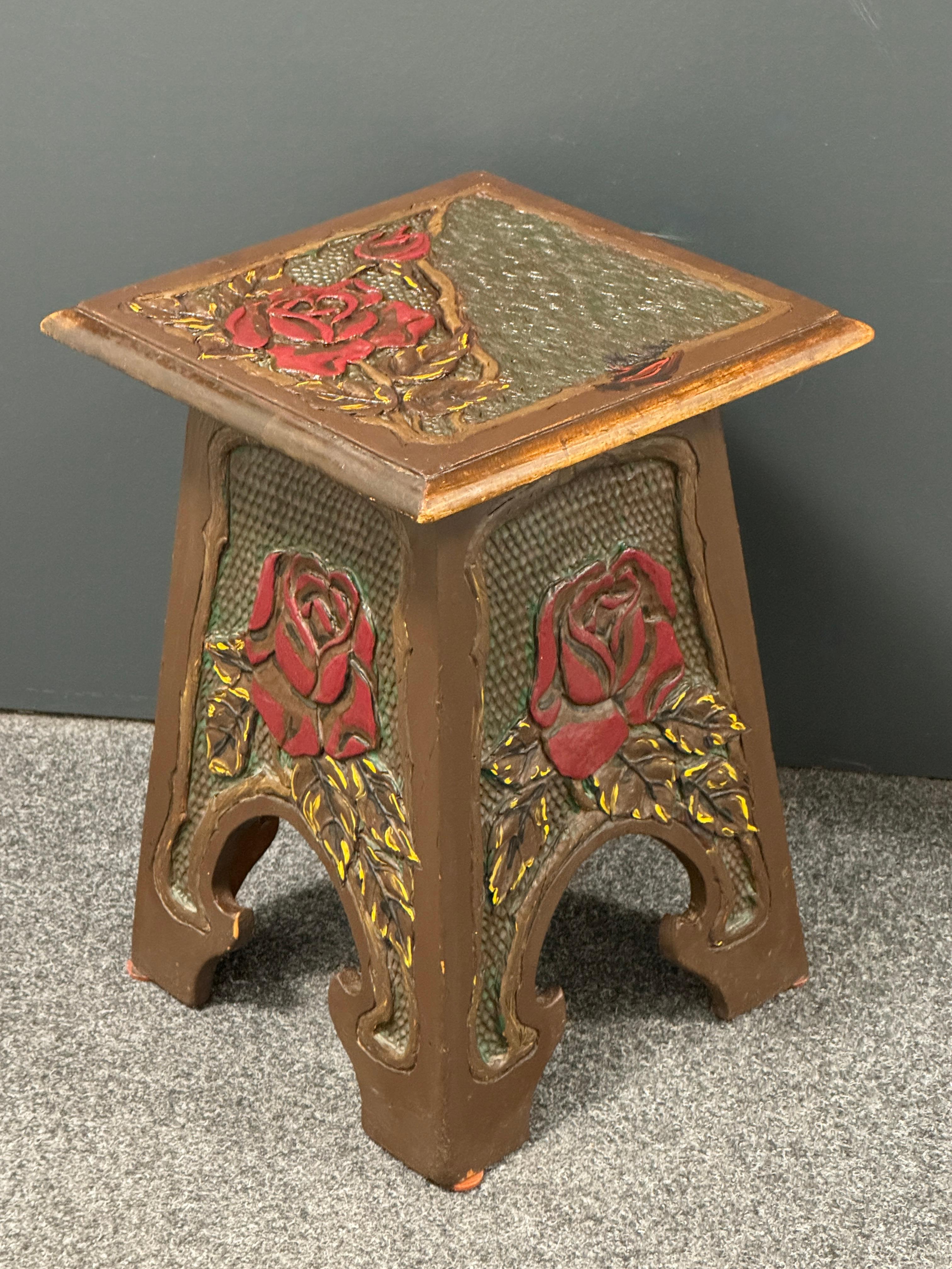 Beautiful Folk Art Wood Carved Chair Foot Rest Stool, Vintage German 1920s For Sale 12