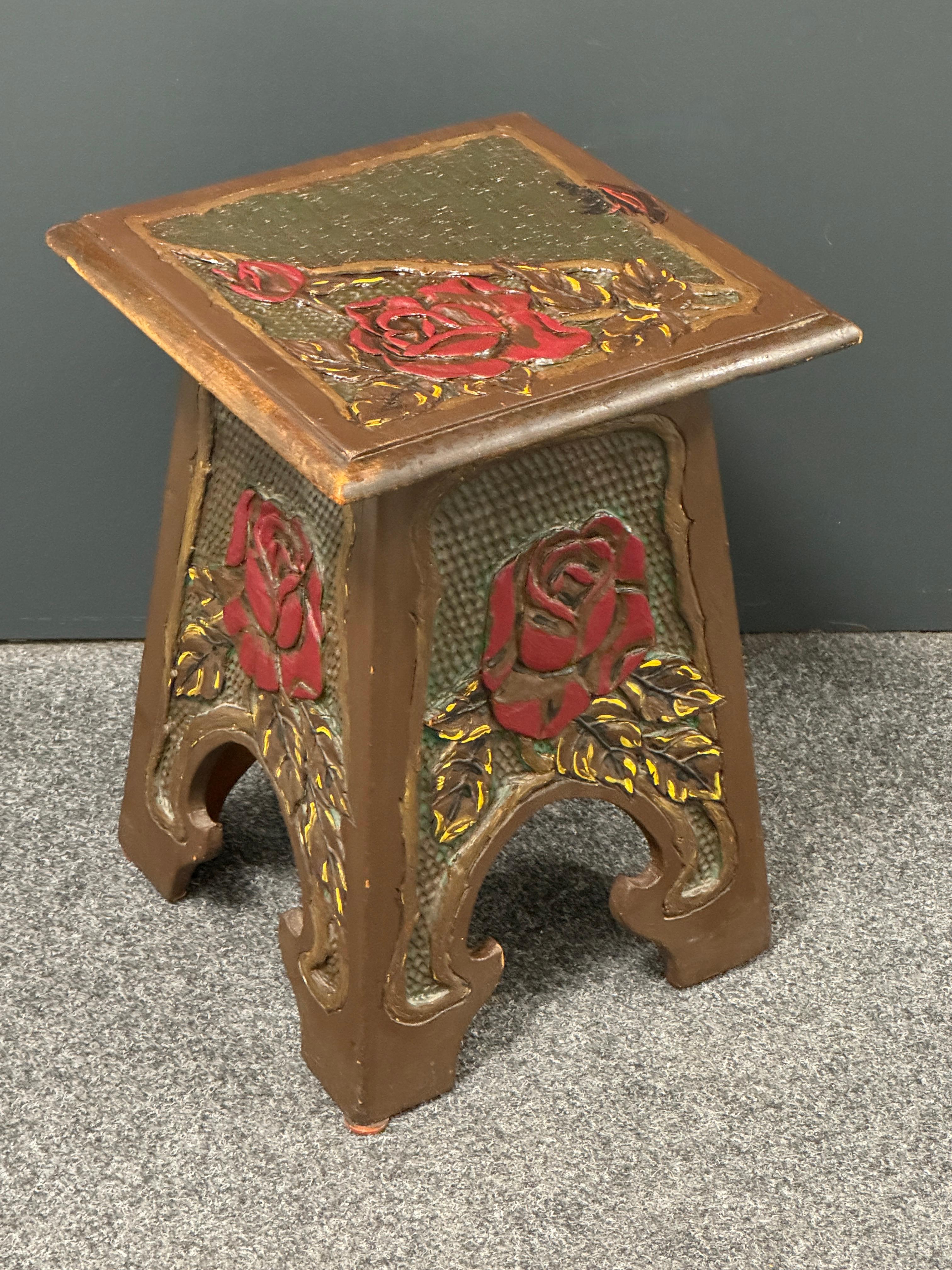 Beautiful Folk Art Wood Carved Chair Foot Rest Stool, Vintage German 1920s For Sale 13