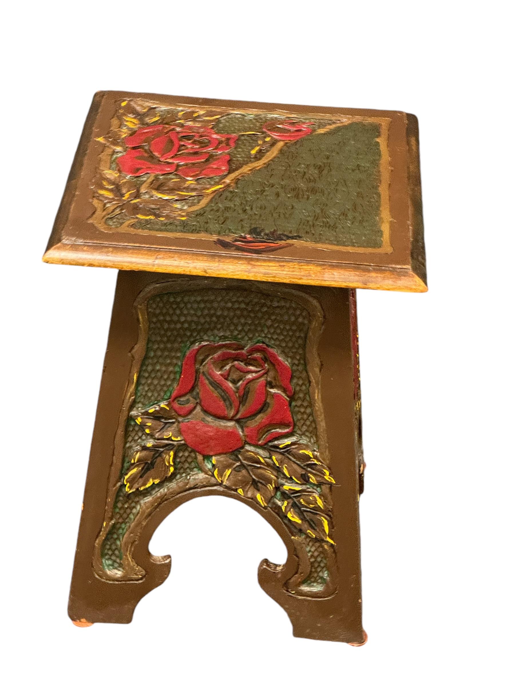 Hand-Crafted Beautiful Folk Art Wood Carved Chair Foot Rest Stool, Vintage German 1920s For Sale