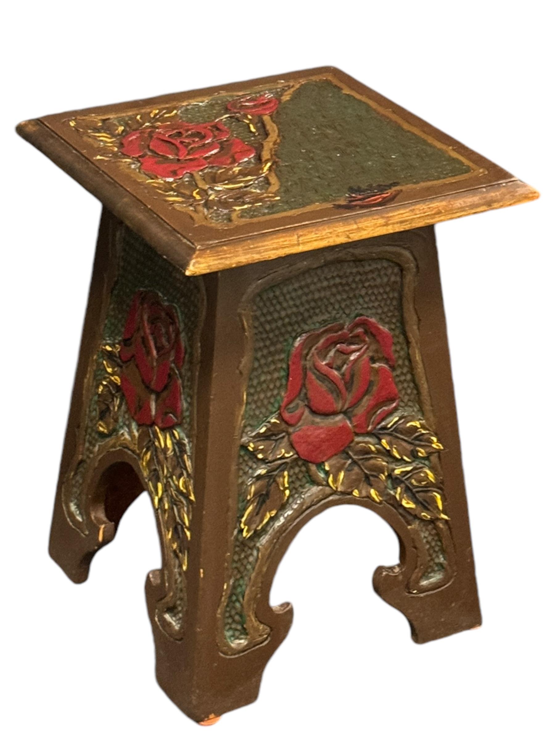 Early 20th Century Beautiful Folk Art Wood Carved Chair Foot Rest Stool, Vintage German 1920s For Sale