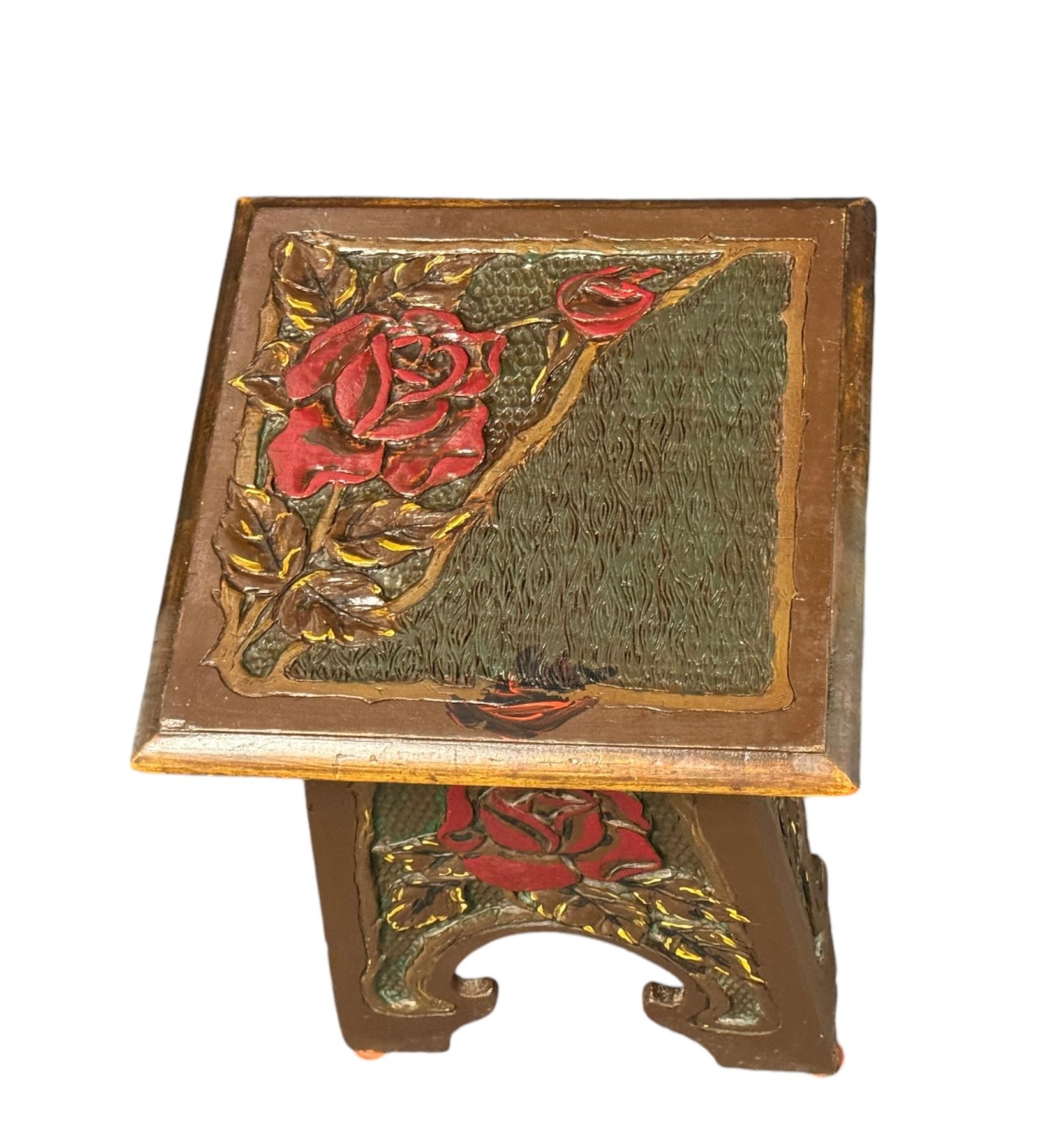 Beautiful Folk Art Wood Carved Chair Foot Rest Stool, Vintage German 1920s For Sale 1
