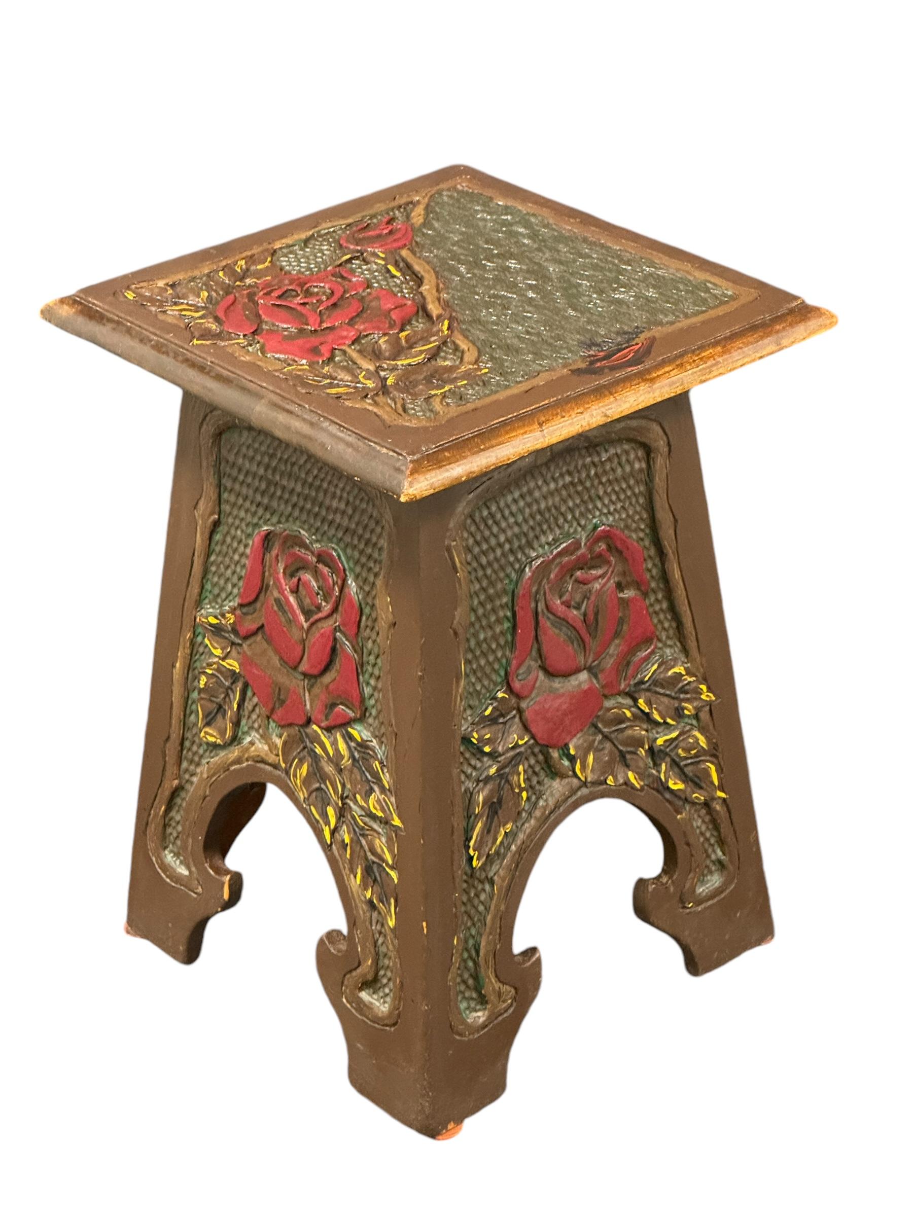 Beautiful Folk Art Wood Carved Chair Foot Rest Stool, Vintage German 1920s For Sale 2