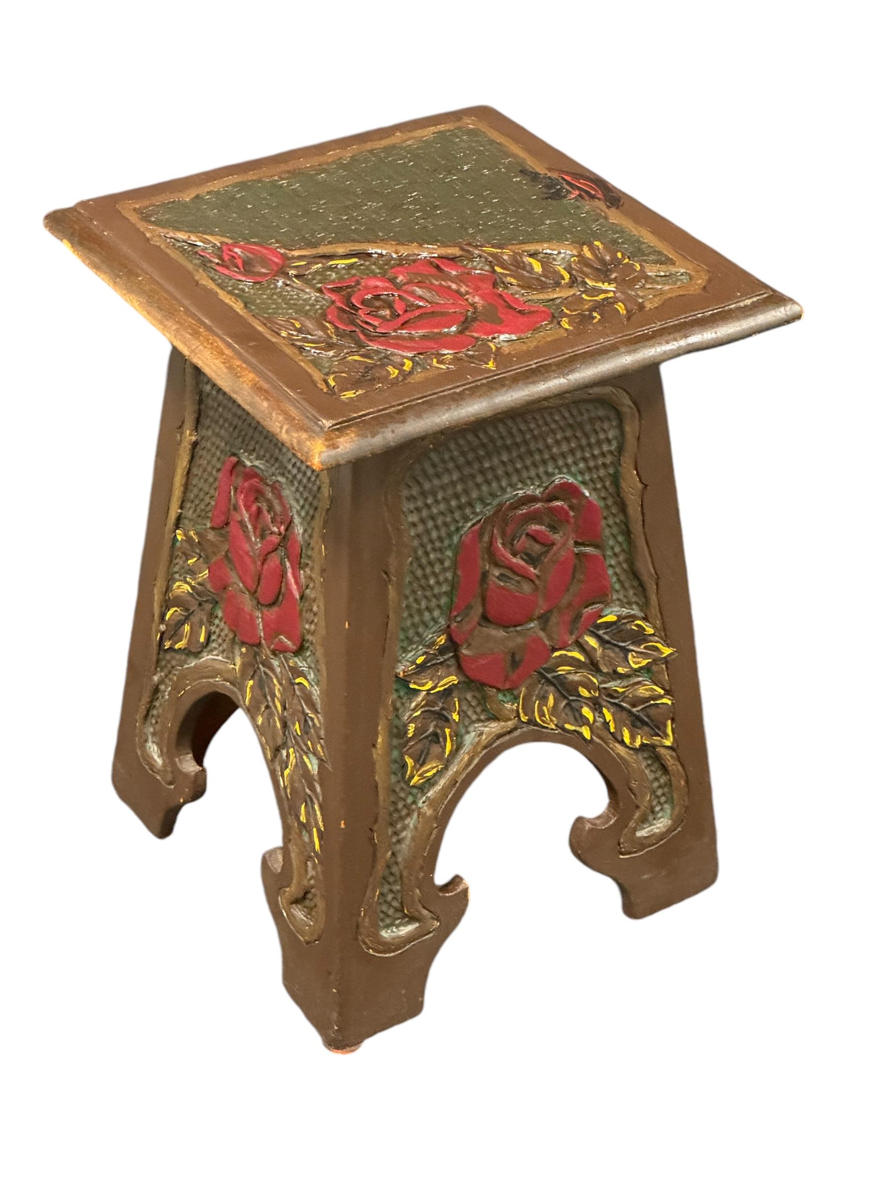 Beautiful Folk Art Wood Carved Chair Foot Rest Stool, Vintage German 1920s For Sale 3