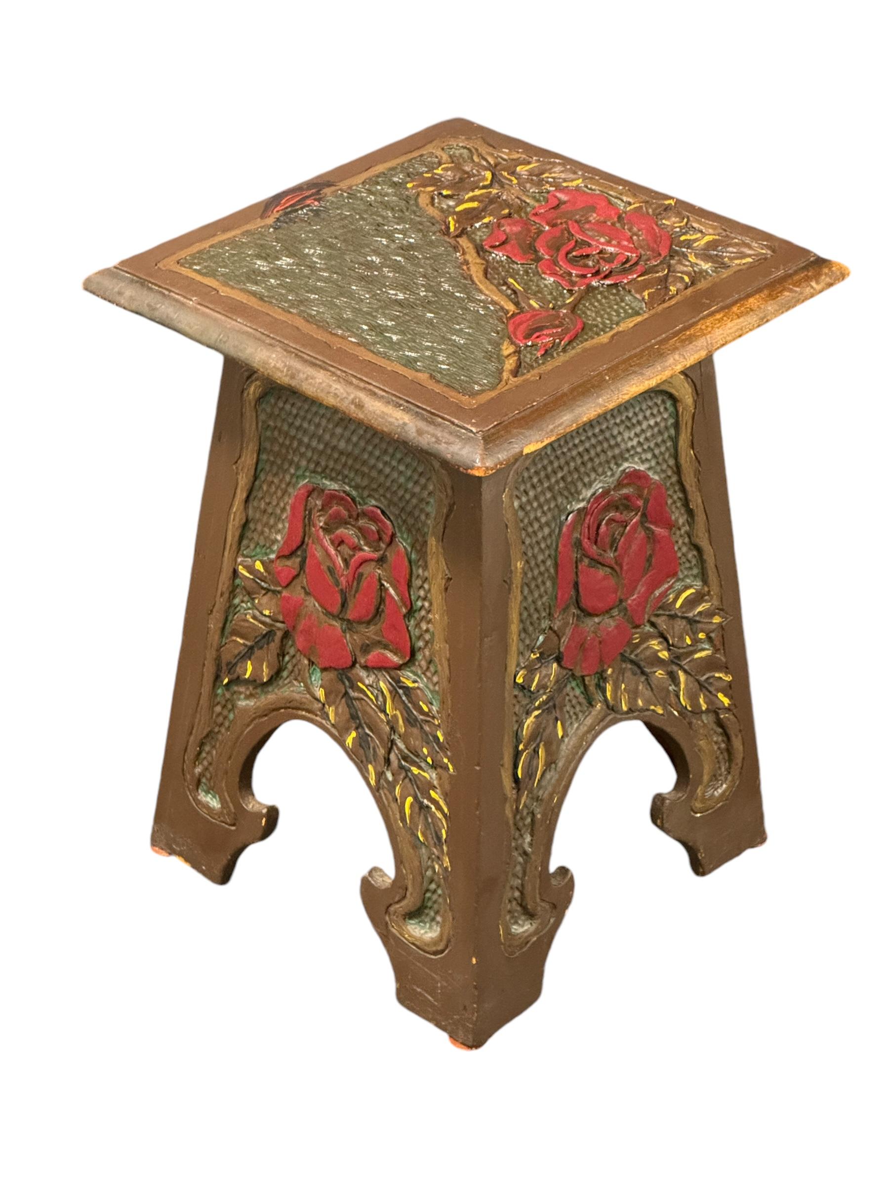 Beautiful Folk Art Wood Carved Chair Foot Rest Stool, Vintage German 1920s For Sale 4
