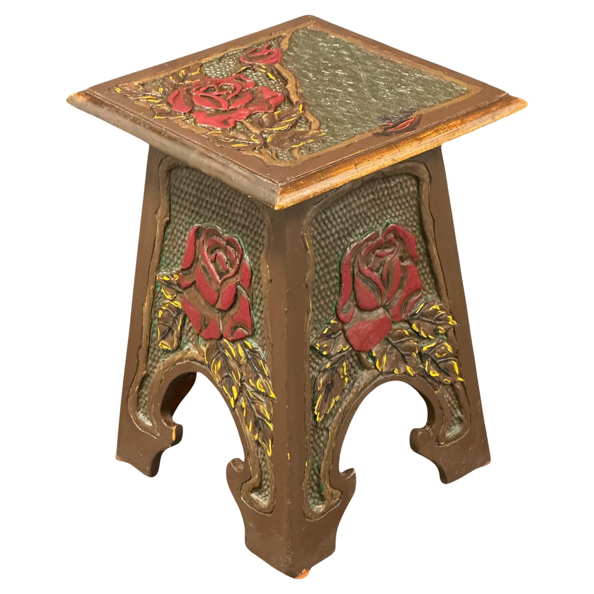 Beautiful Folk Art Wood Carved Chair Foot Rest Stool, Vintage German 1920s