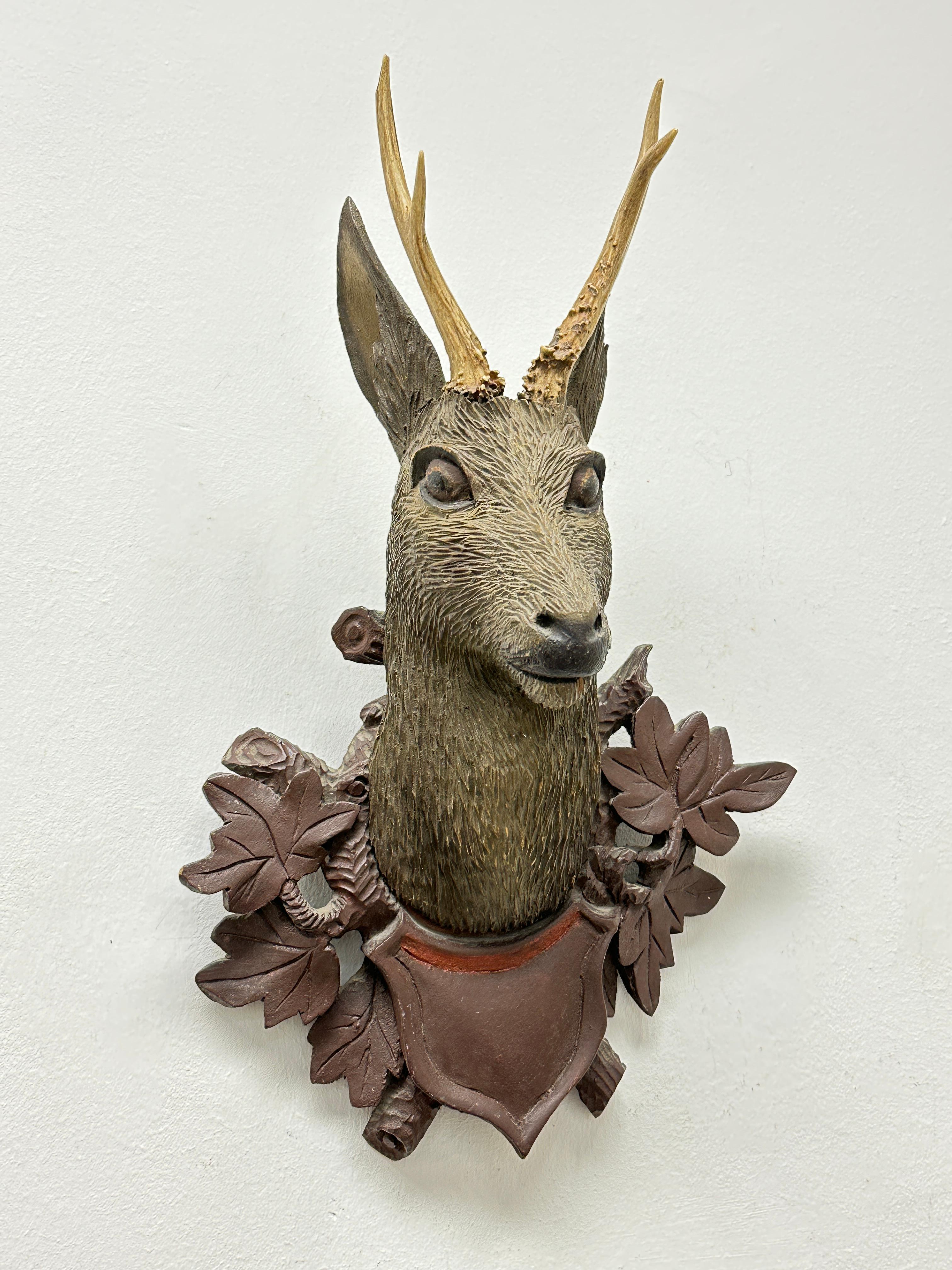 Belle tête de cerf en bois sculpté d'art populaire avec de vrais bois, Allemagne, 19ème siècle 4