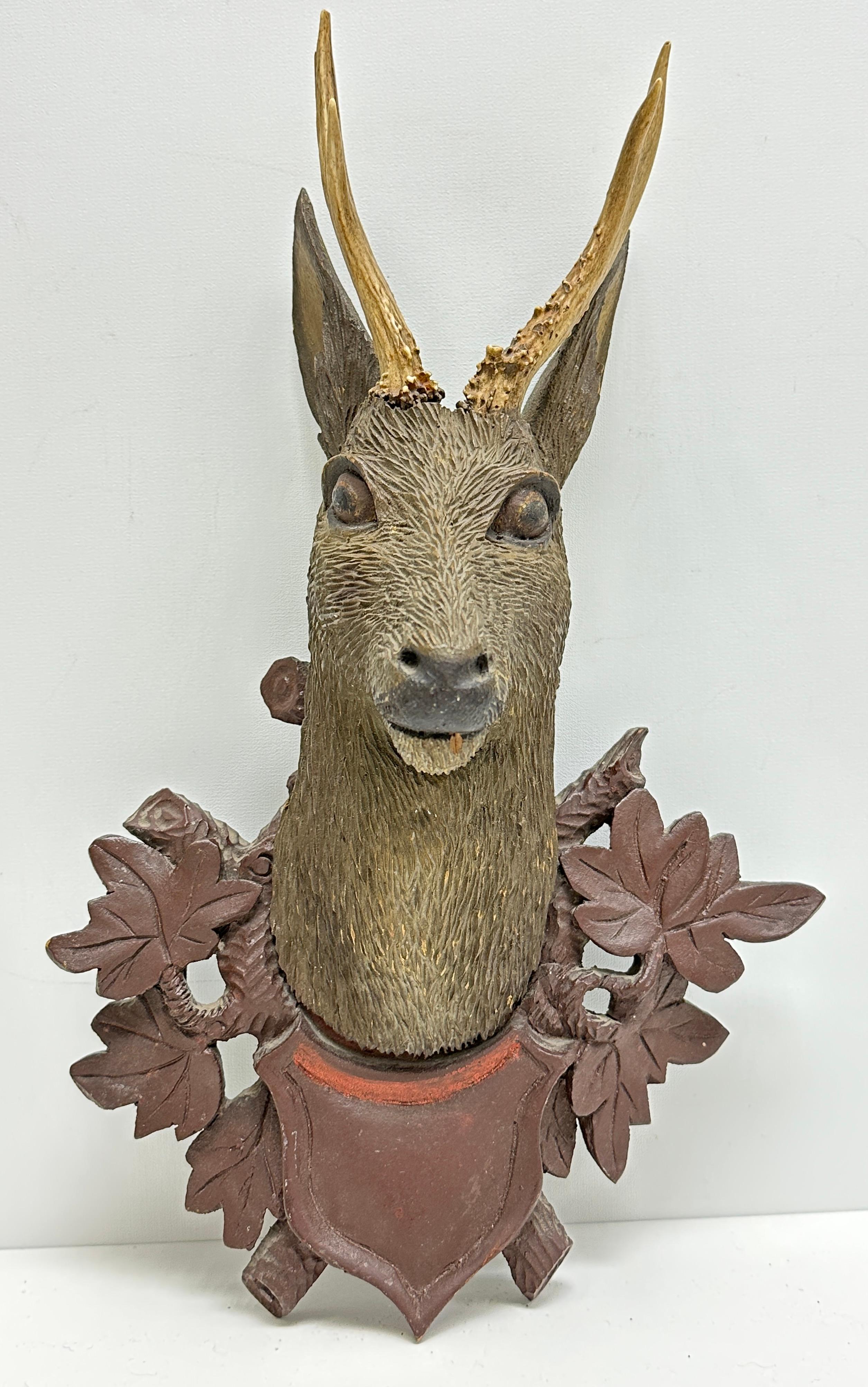 Beautiful Folk Art Wood Carved Deer Head with Real Antlers, Germany 19th Century 8