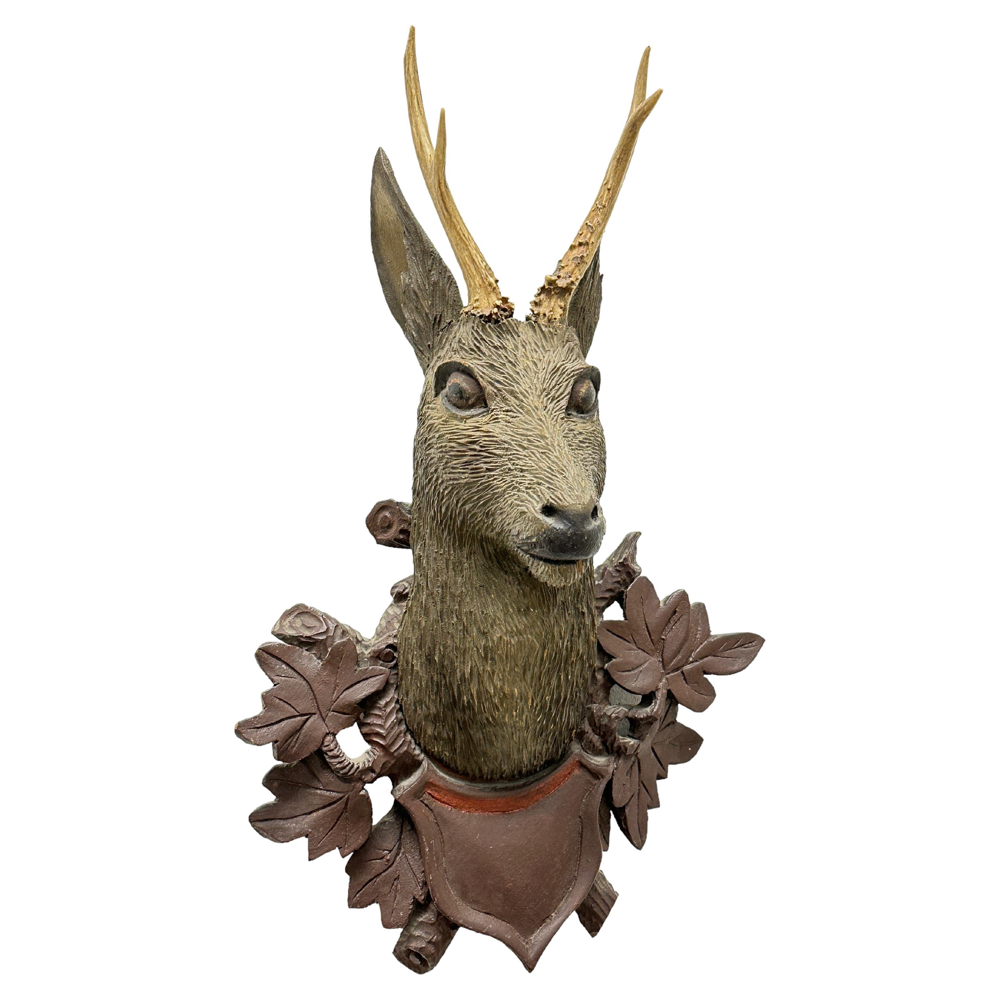 Beautiful Folk Art Wood Carved Deer Head with Real Antlers, Germany 19th Century