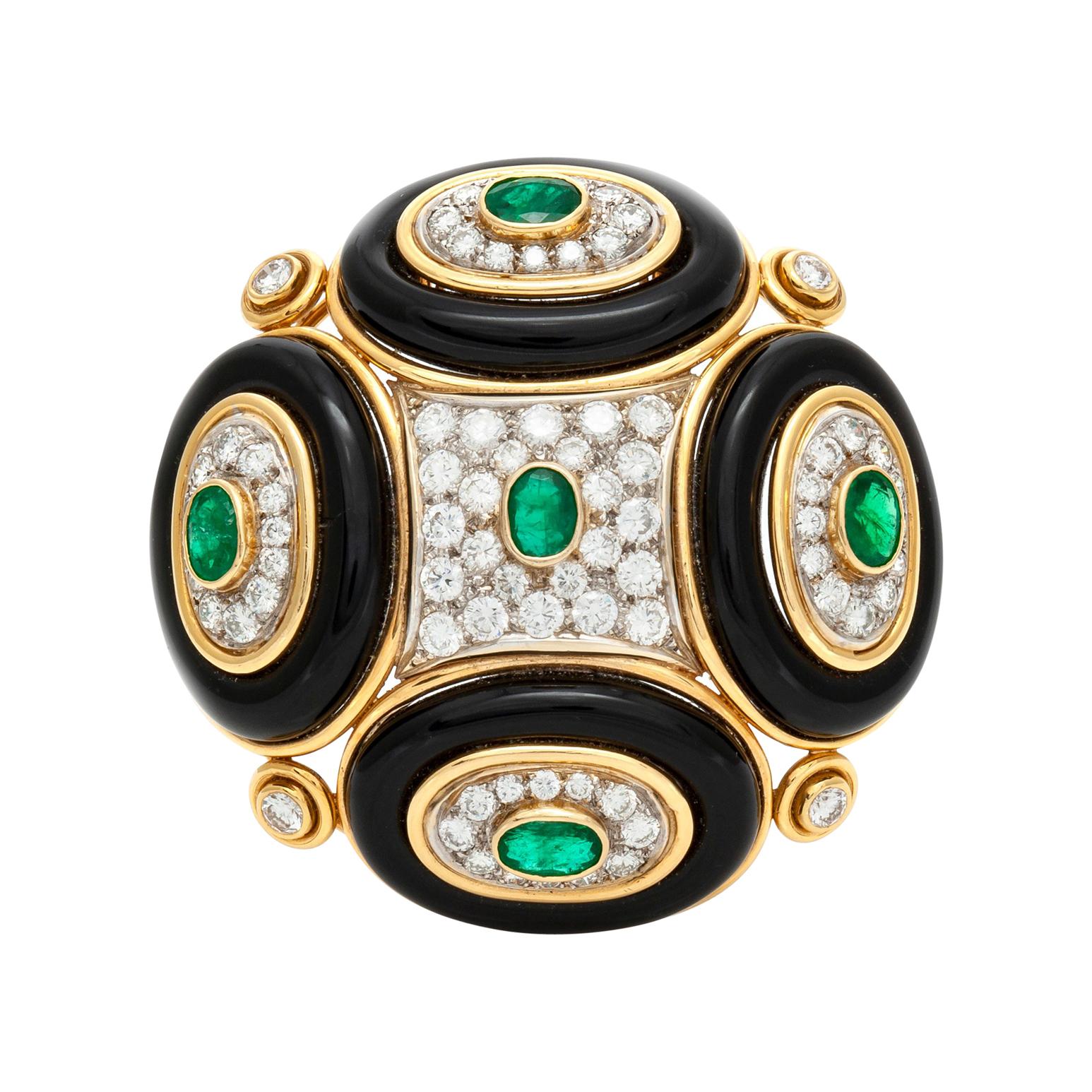 Beautiful Four Ovals Onyx Emerald and Diamond on One Round Pin For Sale
