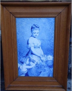 Beautiful Framed 19TH C Painting on Porcelain Woman Children Charles Chaplin