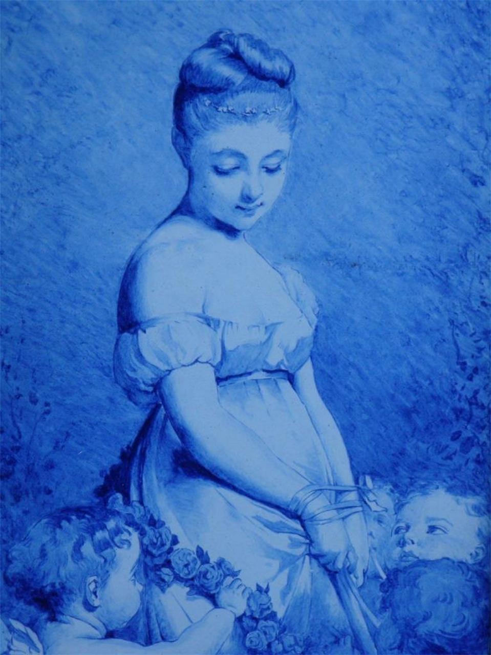  Schöne gerahmte 19TH C Malerei auf Porzellan Frau Kinder Charles Chaplin (Unbekannt) im Angebot