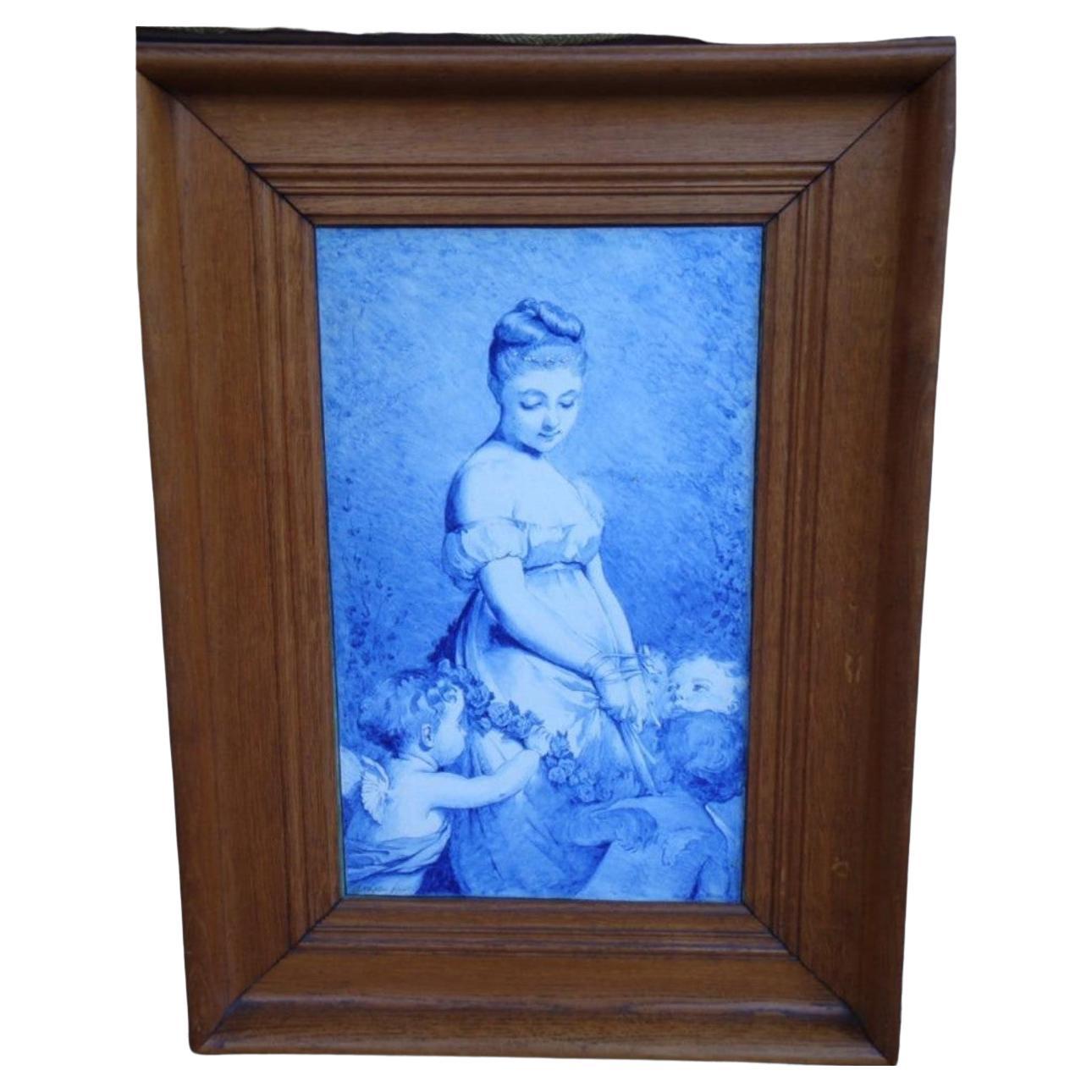  Beautiful Framed 19TH C Painting on Porcelain Woman Children Charles Chaplin For Sale