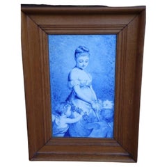 Retro  Beautiful Framed 19TH C Painting on Porcelain Woman Children Charles Chaplin