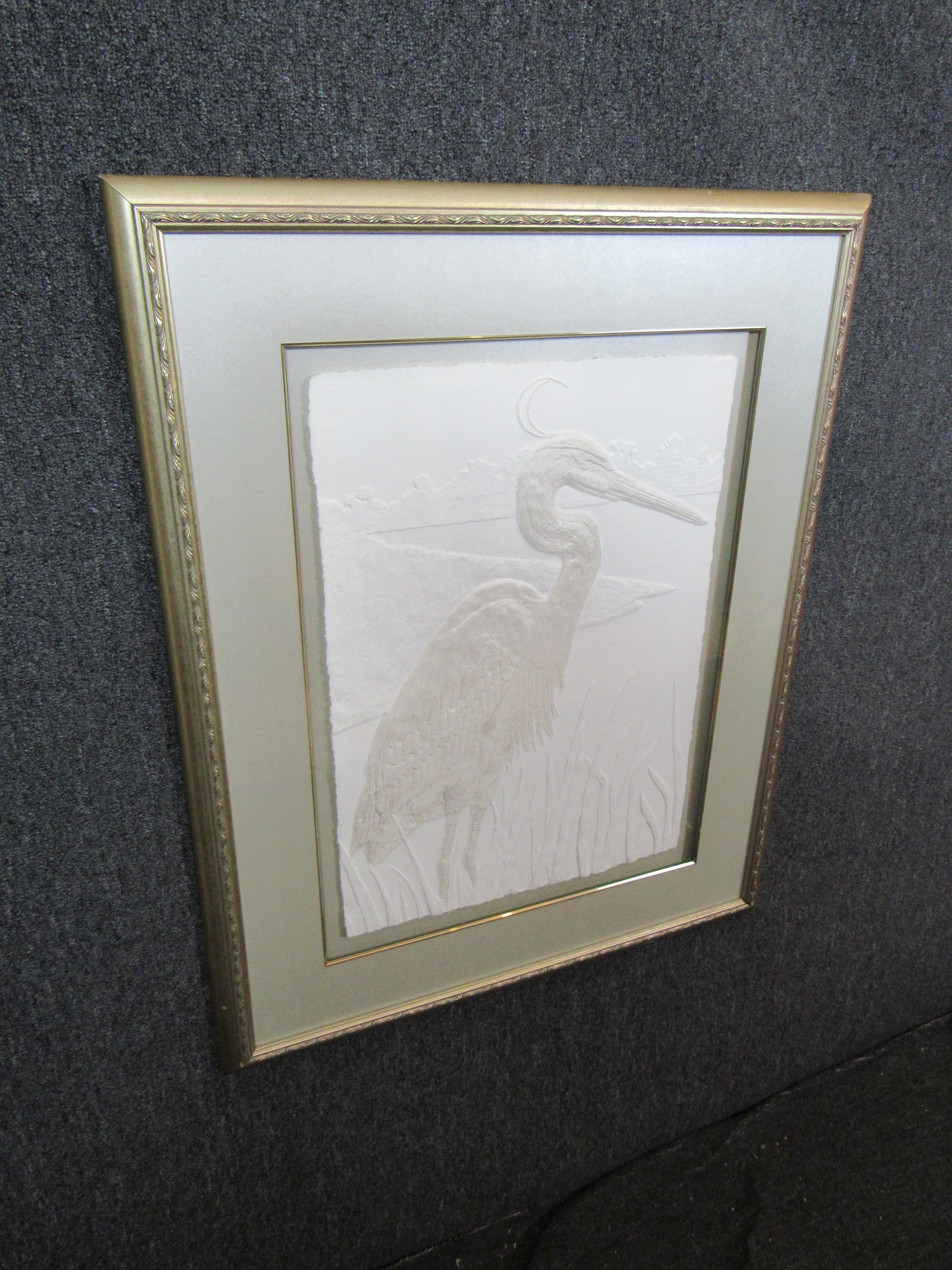 Turn any wall into an art gallery with this stunning embossed paper crane, set in a beautiful champagne gold frame. The artist's painstaking attention to detail gives the paper the appearance of embroidered silk. Provenance could be traced with more
