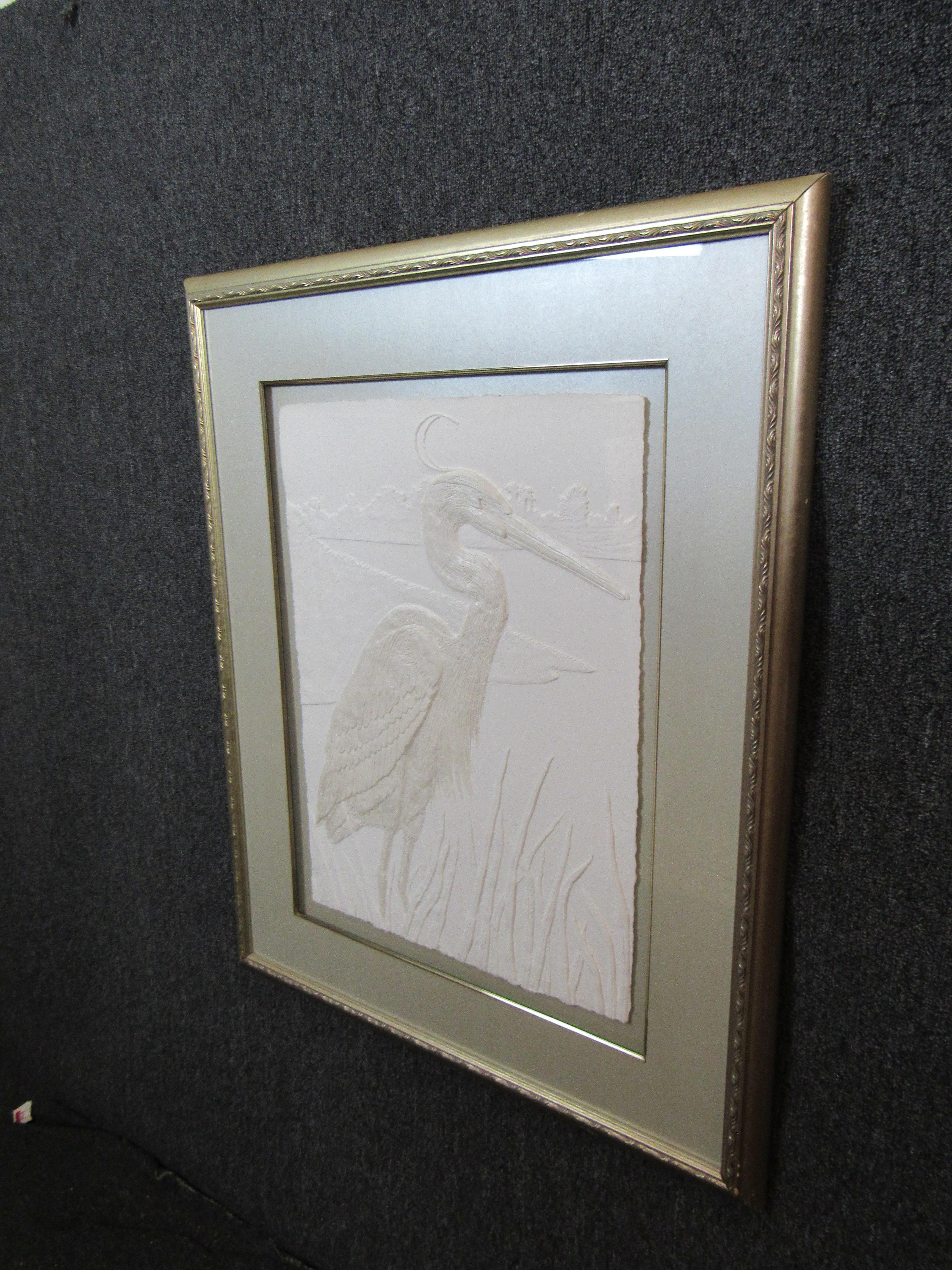 Mid-Century Modern Beautiful Framed Embossed Heron Art