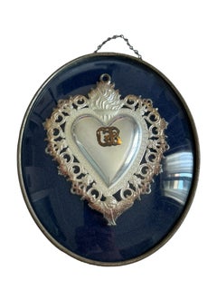 Beautiful Framed Silver Sacred Heart Ex Voto Monogramed, Antique European, 1910s