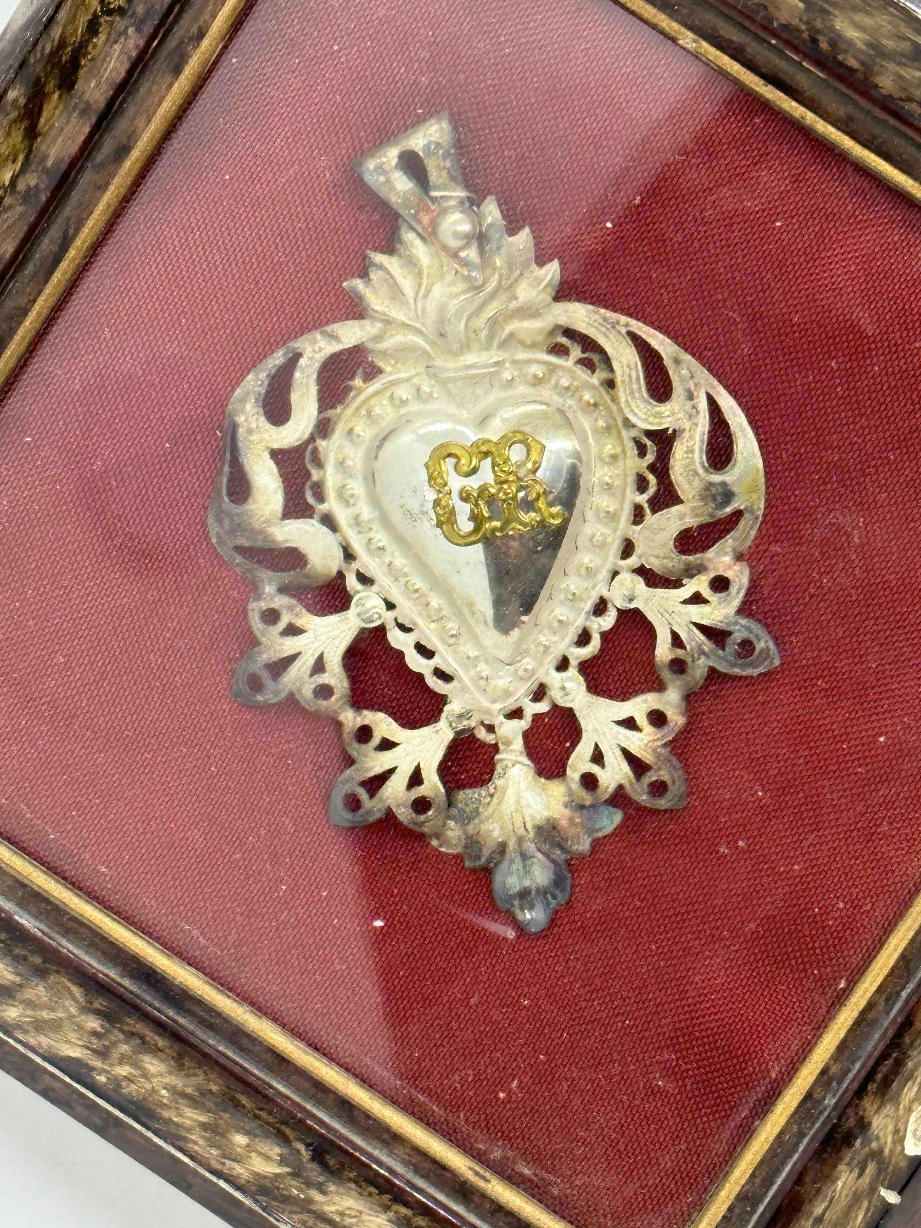 Art Nouveau Beautiful Framed Silver Sacred Heart Ex Voto Monogramed, Antique European, 1910s