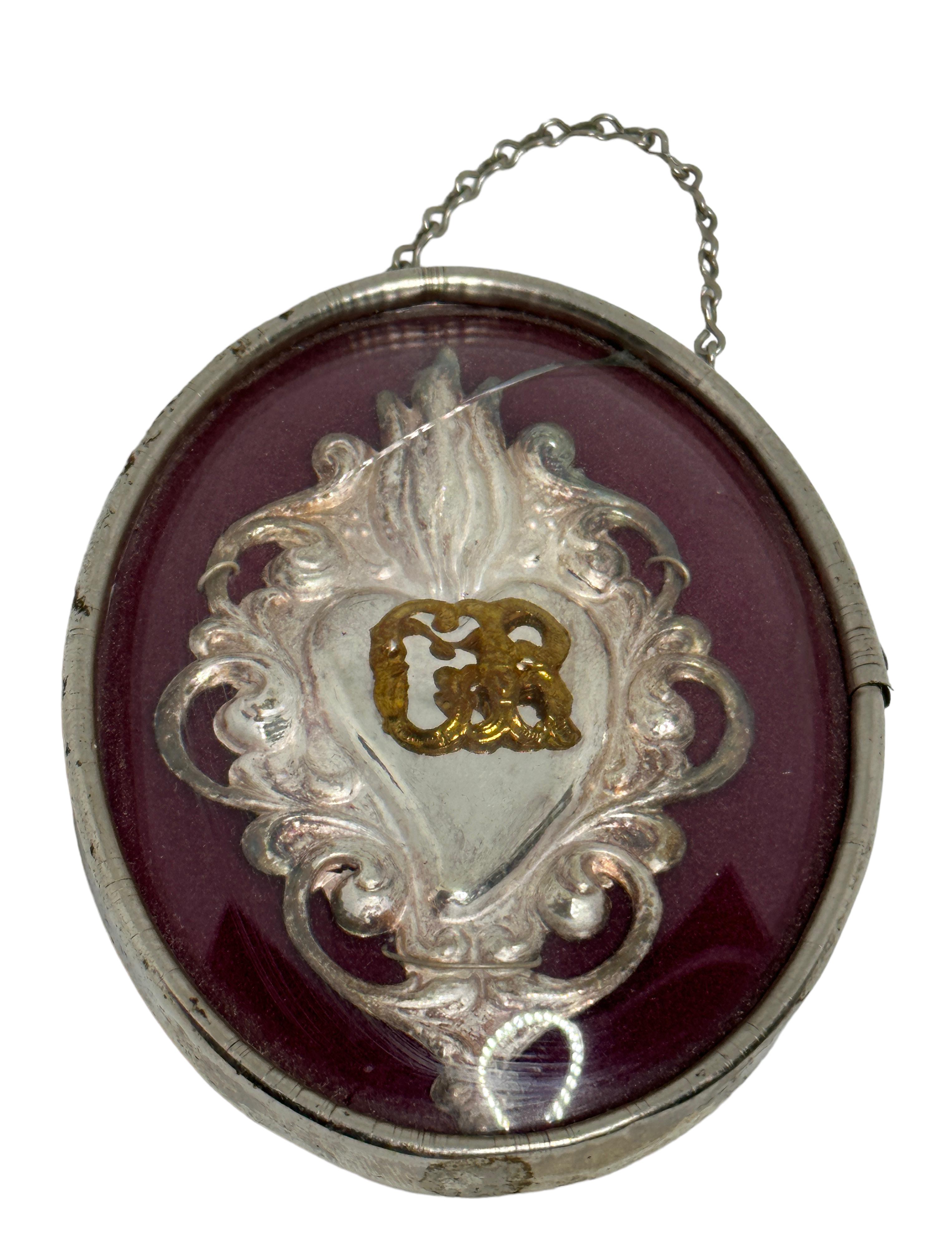 Art Nouveau Beautiful Framed Silver Sacred Heart Ex Voto Monogramed, Antique European, 1910s