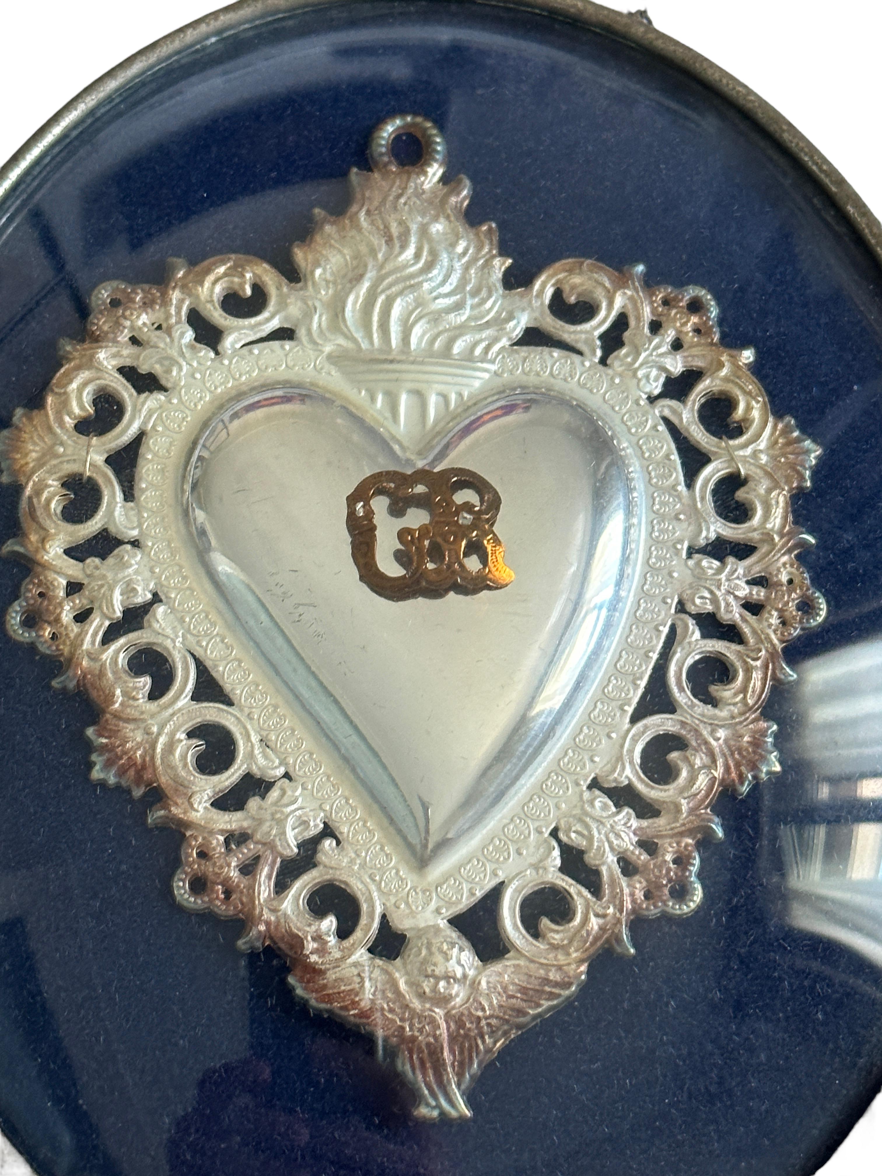 Art Nouveau Beautiful Framed Silver Sacred Heart Ex Voto Monogramed, Antique European, 1910s For Sale