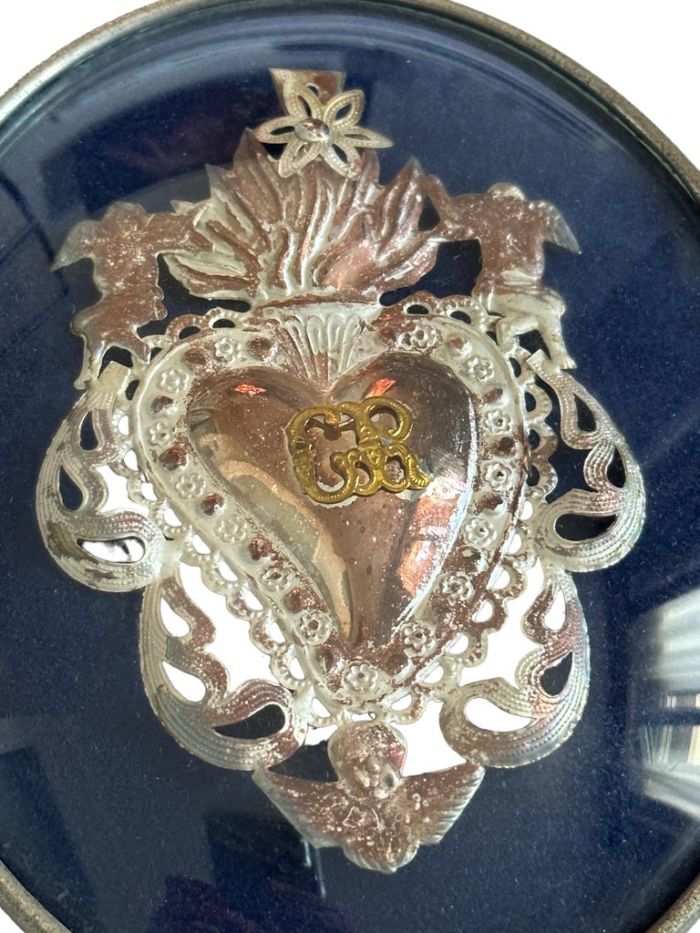 Beautiful Framed Silver Sacred Heart Ex Voto Monogramed, Antique