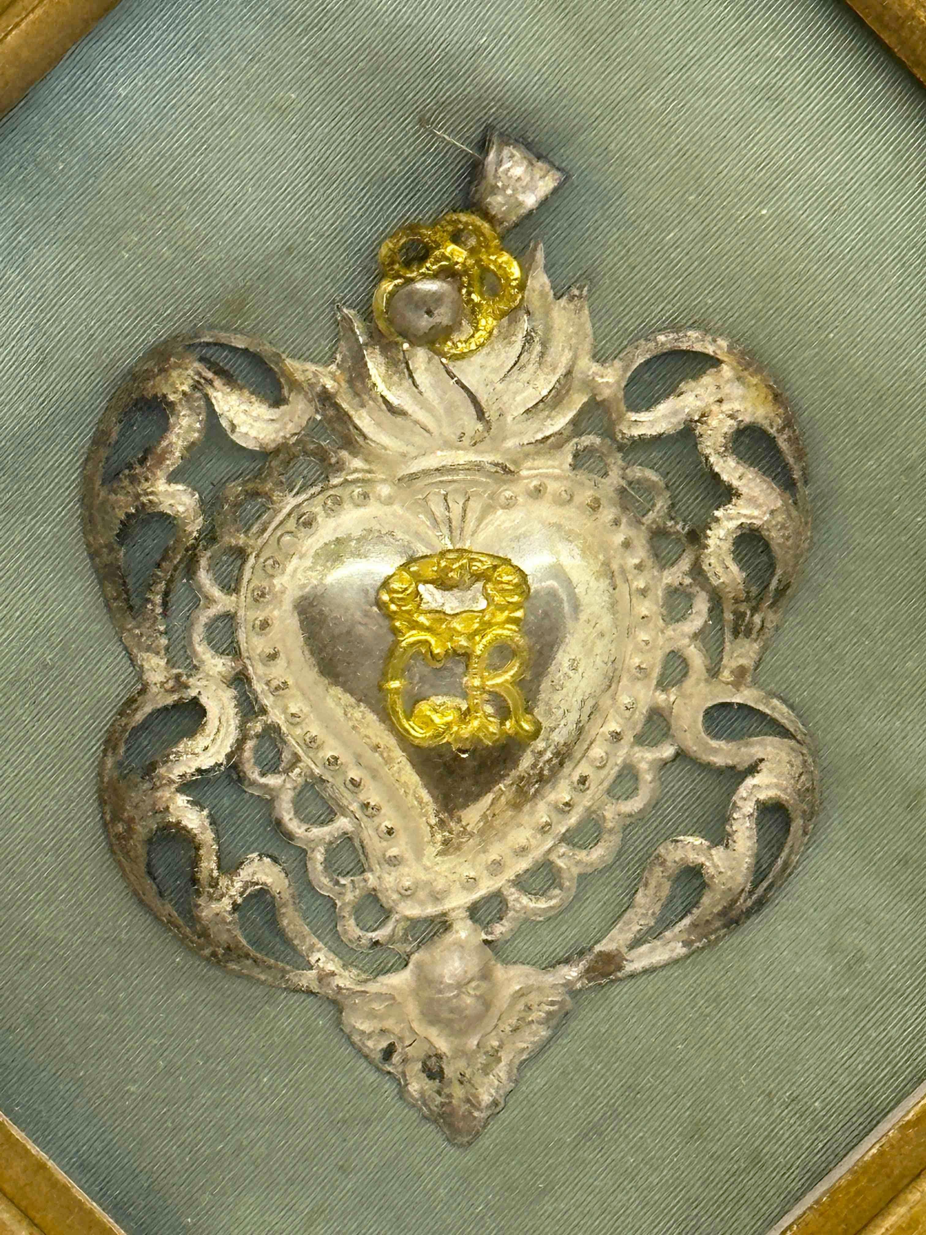 Italian Beautiful Framed Silver Sacred Heart Ex Voto Monogramed, Antique European, 1910s