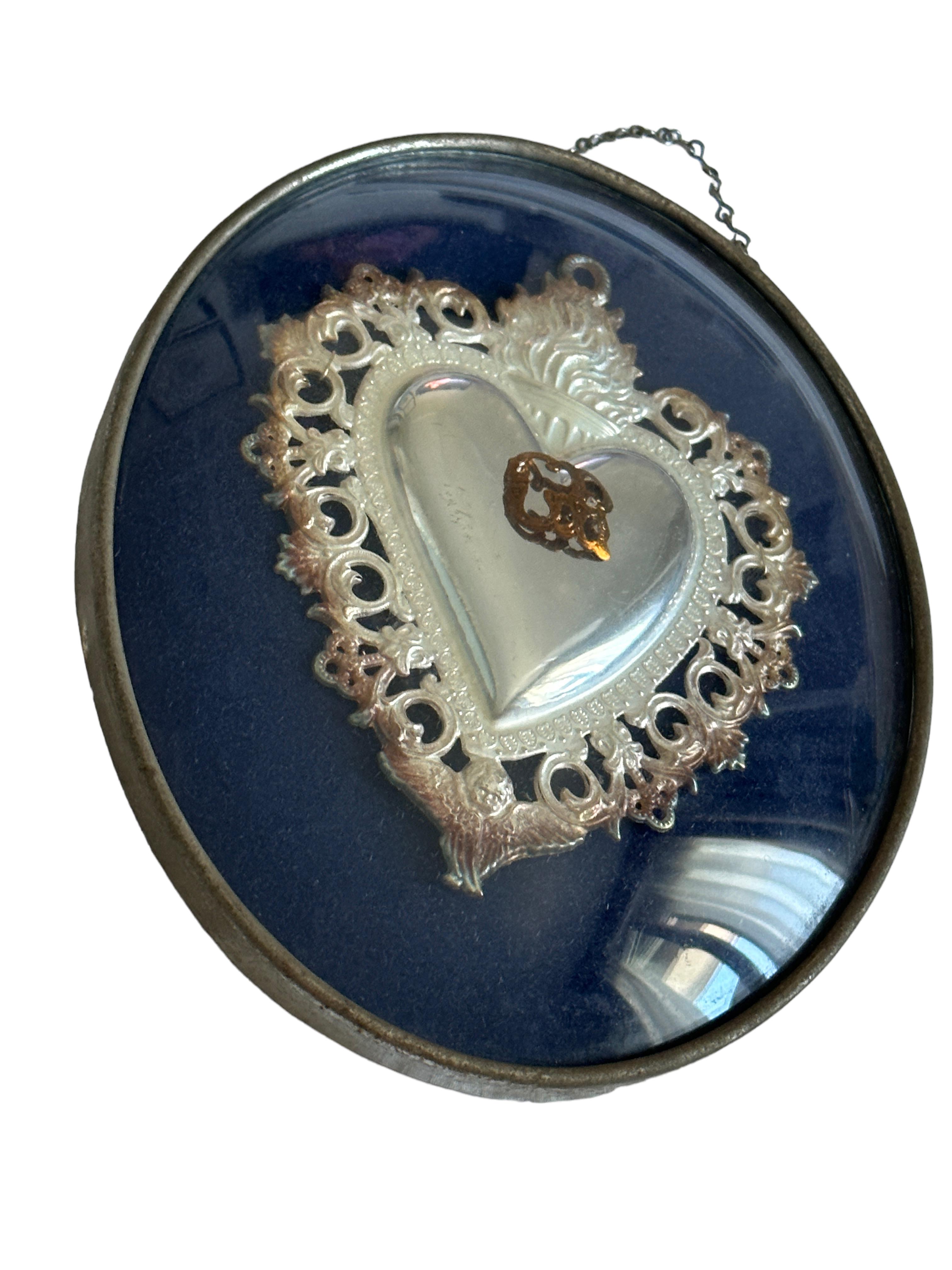 Italian Beautiful Framed Silver Sacred Heart Ex Voto Monogramed, Antique European, 1910s For Sale