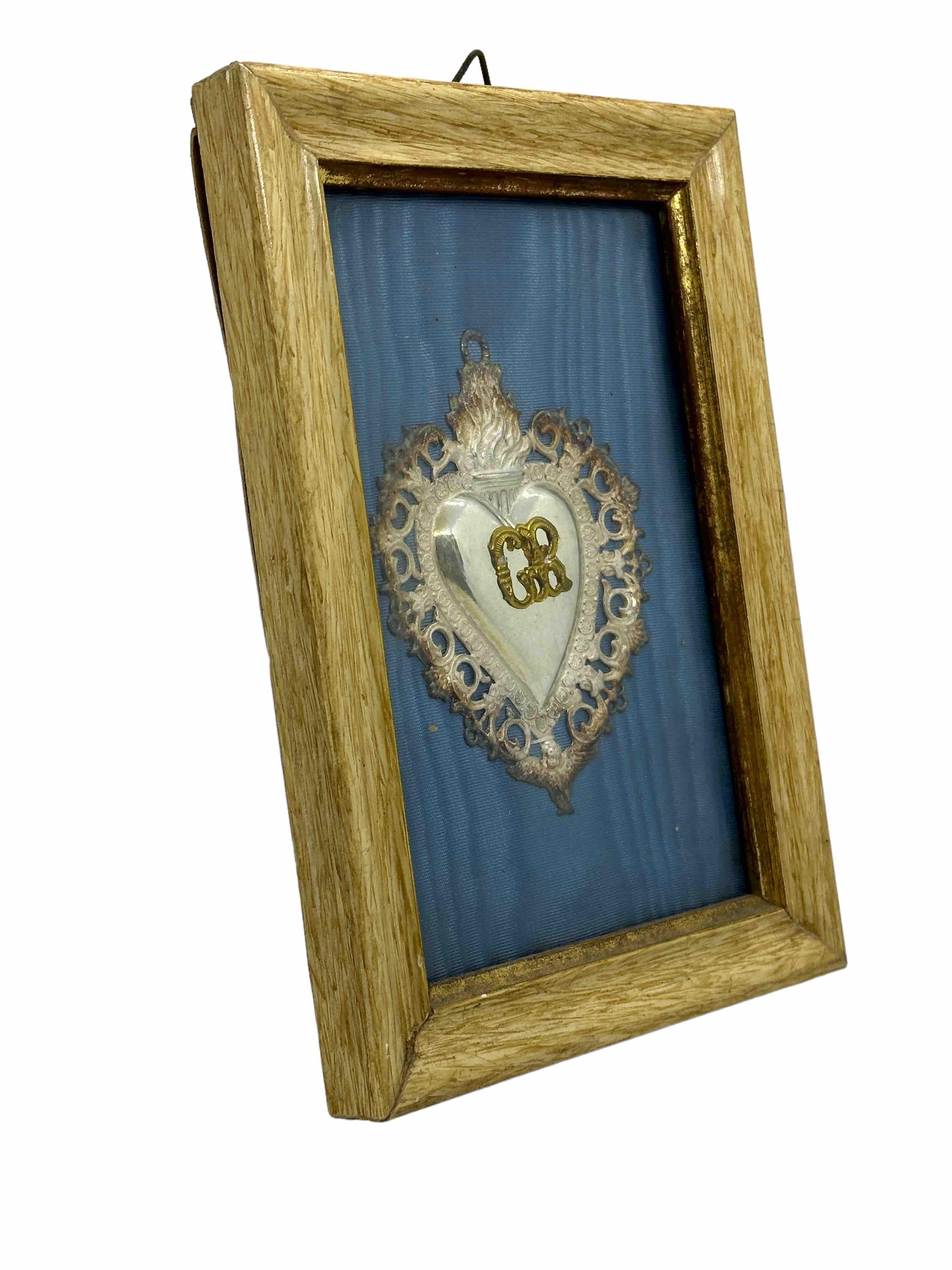 Italian Beautiful Framed Silver Sacred Heart Ex Voto Monogramed, Antique European, 1910s