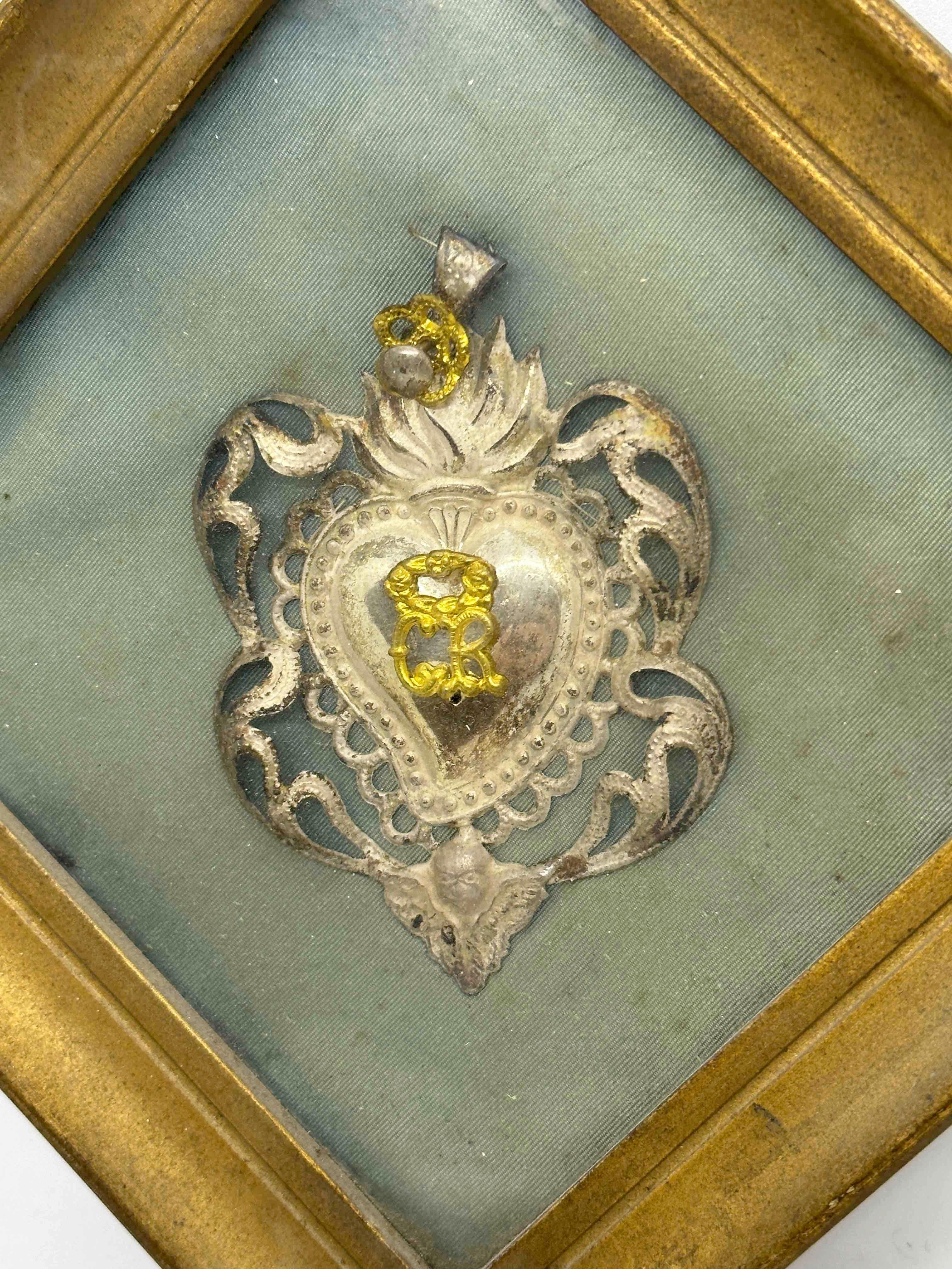 Silvered Beautiful Framed Silver Sacred Heart Ex Voto Monogramed, Antique European, 1910s