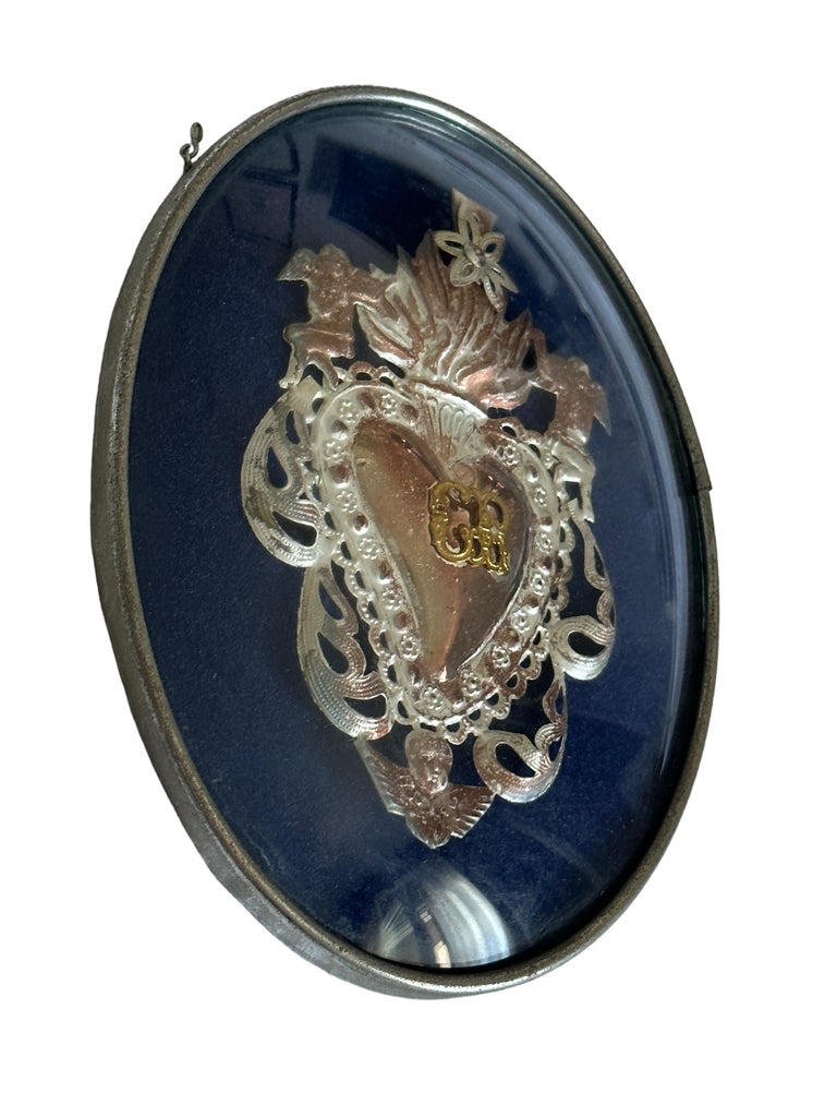 Beautiful Framed Silver Sacred Heart Ex Voto Monogramed, Antique