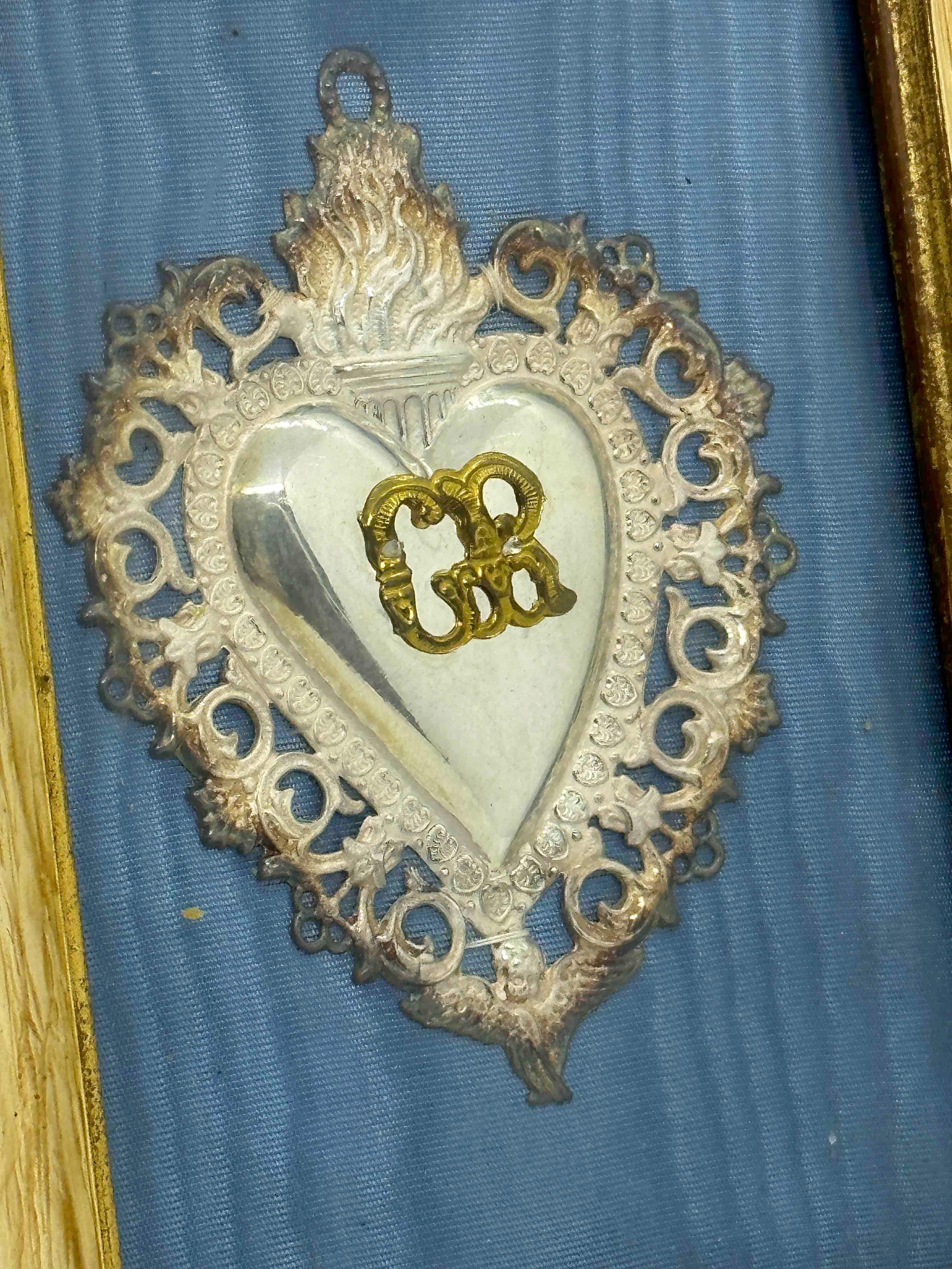 Silvered Beautiful Framed Silver Sacred Heart Ex Voto Monogramed, Antique European, 1910s
