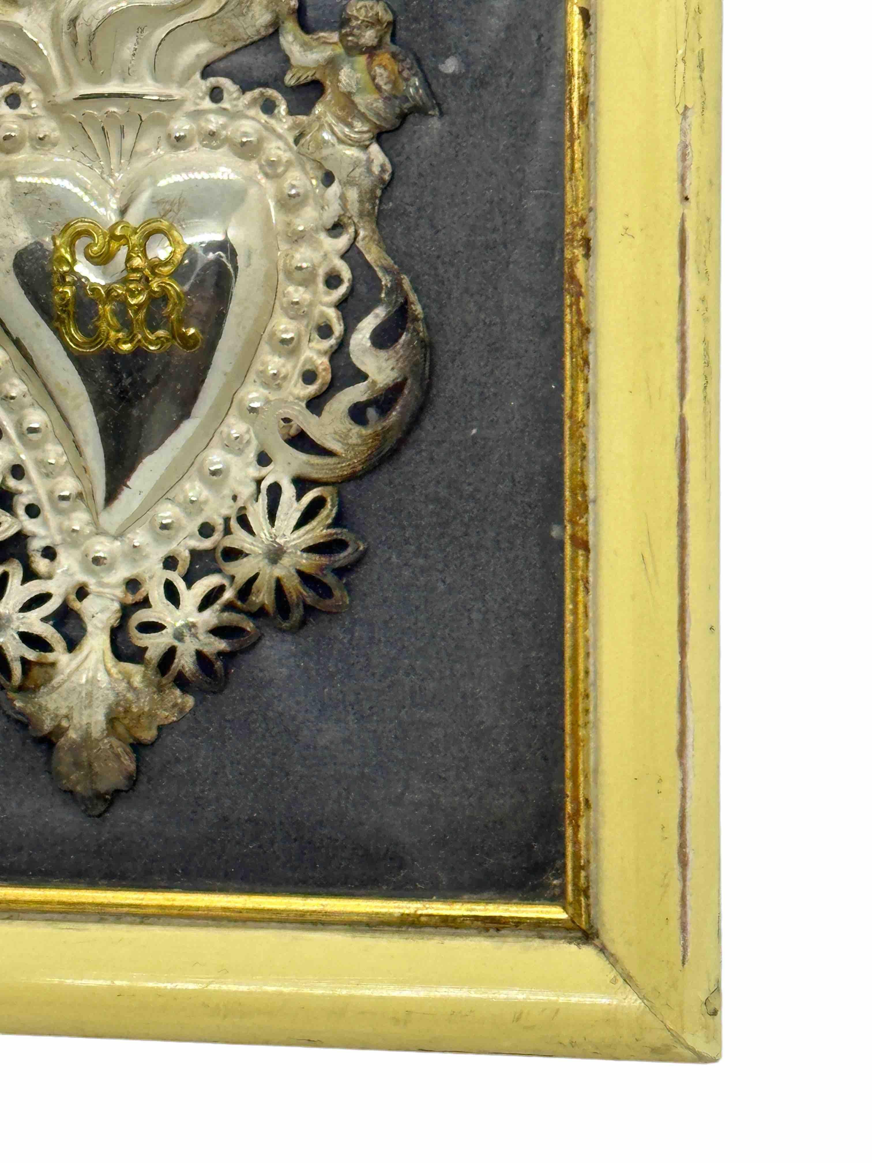 Beautiful Framed Silver Sacred Heart Ex Voto Monogramed, Antique European, 1910s In Good Condition In Nuernberg, DE