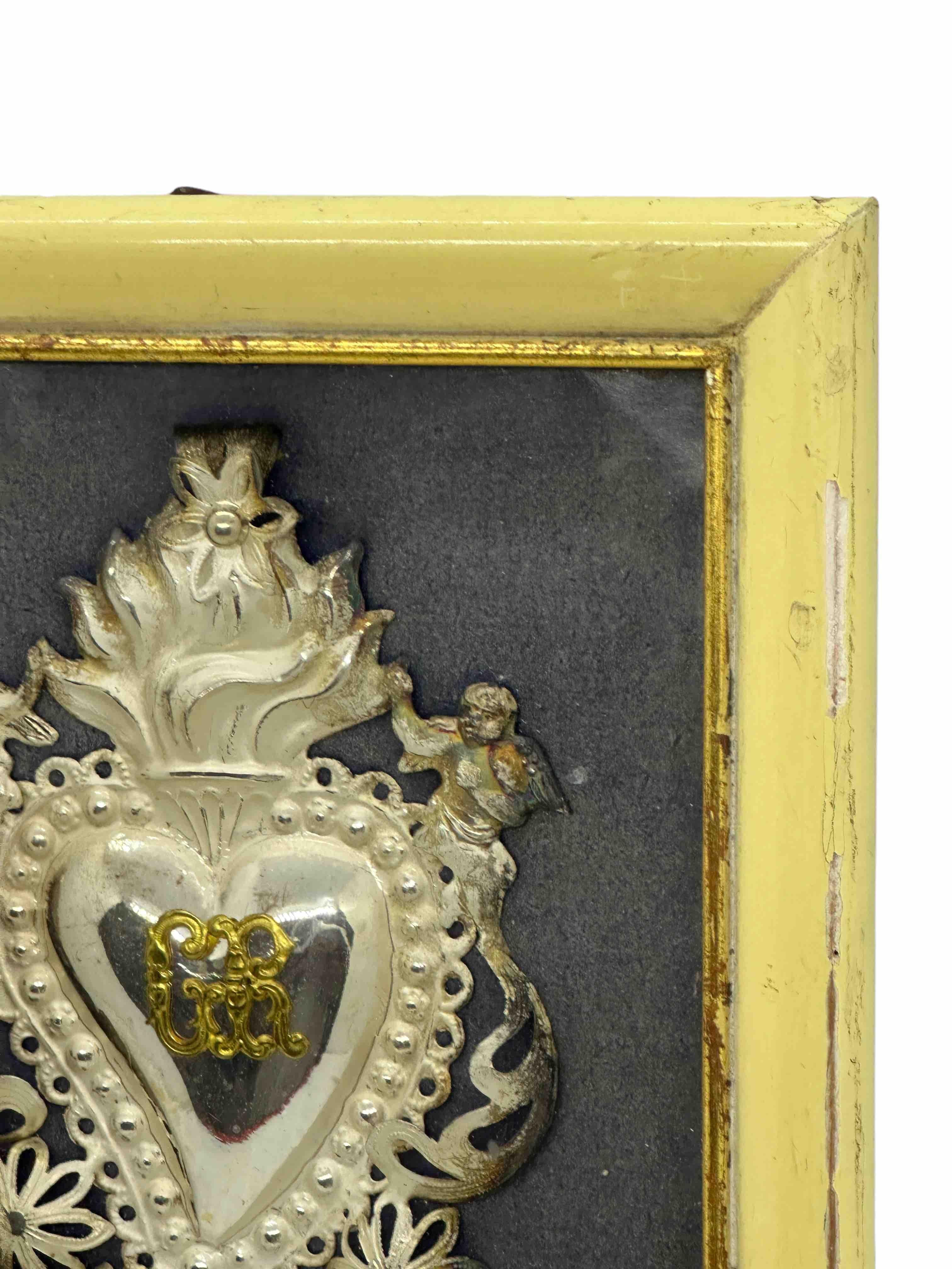 20th Century Beautiful Framed Silver Sacred Heart Ex Voto Monogramed, Antique European, 1910s