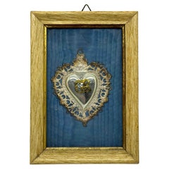 Beautiful Framed Silver Sacred Heart Ex Voto Monogramed, Antique European, 1910s