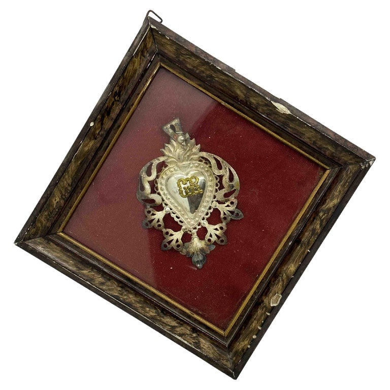 Beautiful Framed Silver Sacred Heart Ex Voto Monogramed, Antique