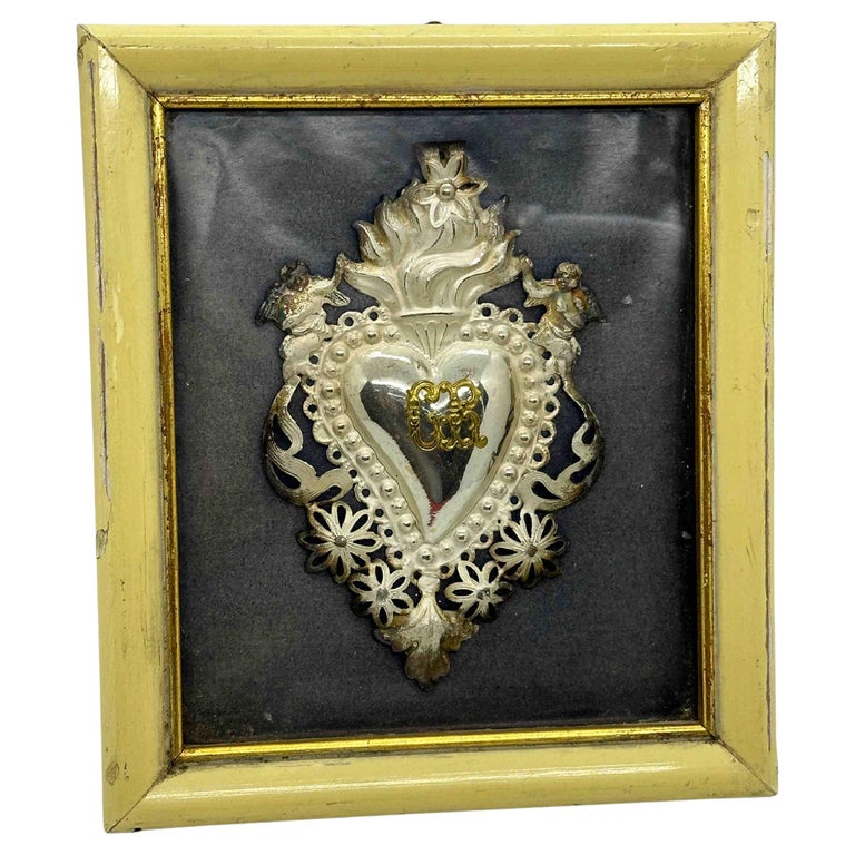 Beautiful Framed Silver Sacred Heart Ex Voto Monogramed, Antique