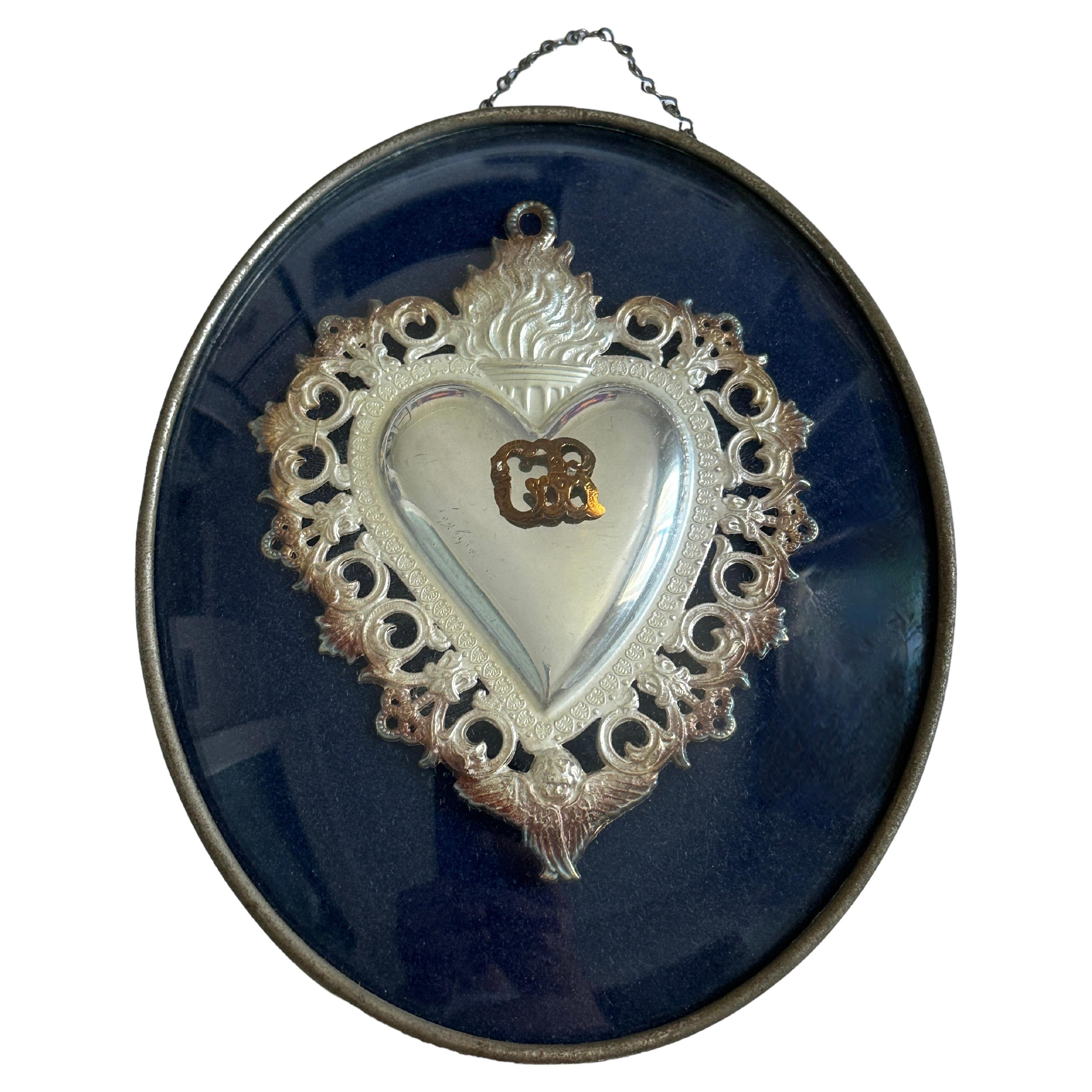 Beautiful Framed Silver Sacred Heart Ex Voto Monogramed, Antique European, 1910s For Sale