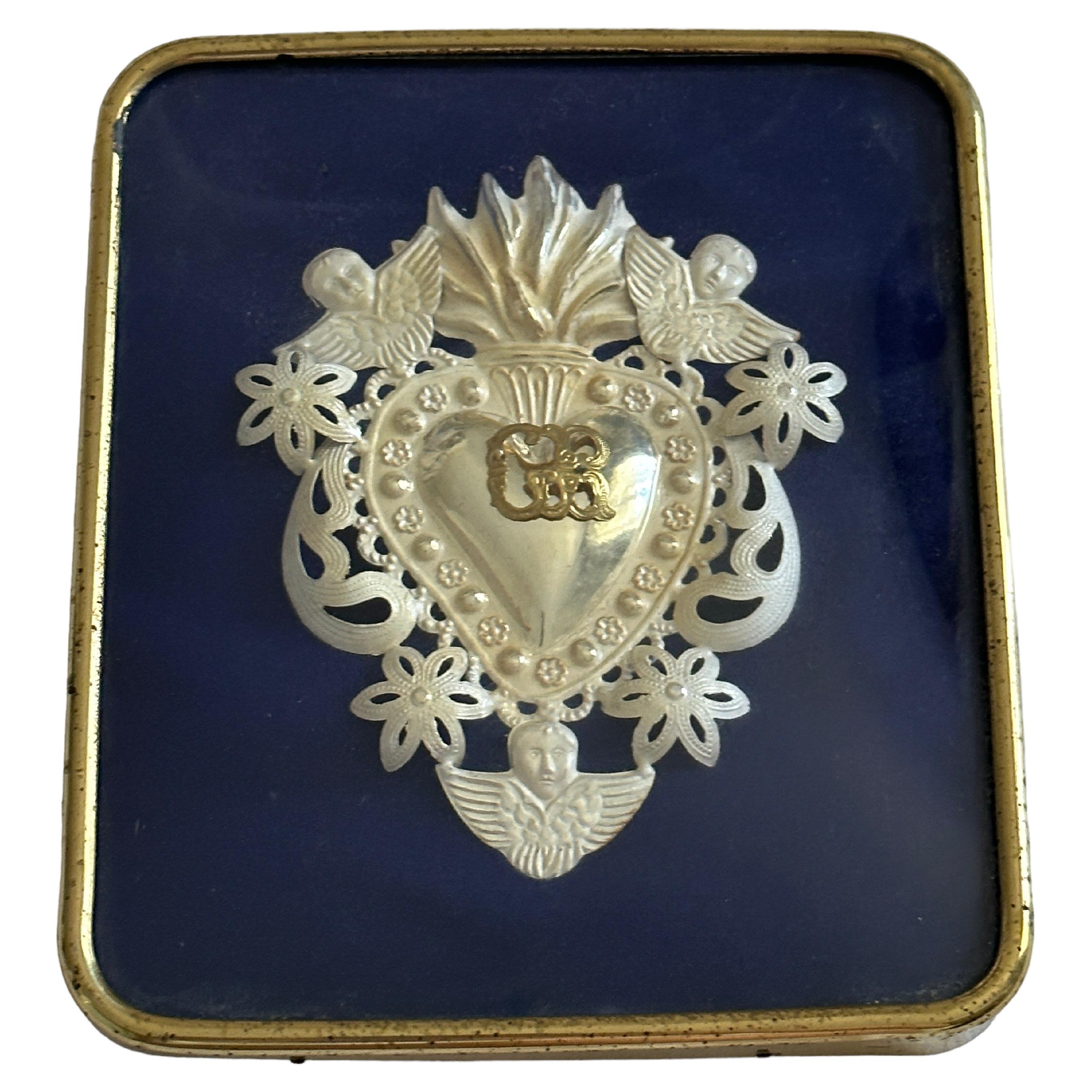 Beautiful Framed Silver Sacred Heart Ex Voto Monogramed, Antique European, 1910s For Sale