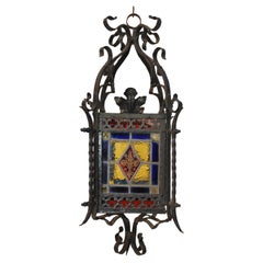 Antique Beautiful French 1920's iron lantern with stain glass