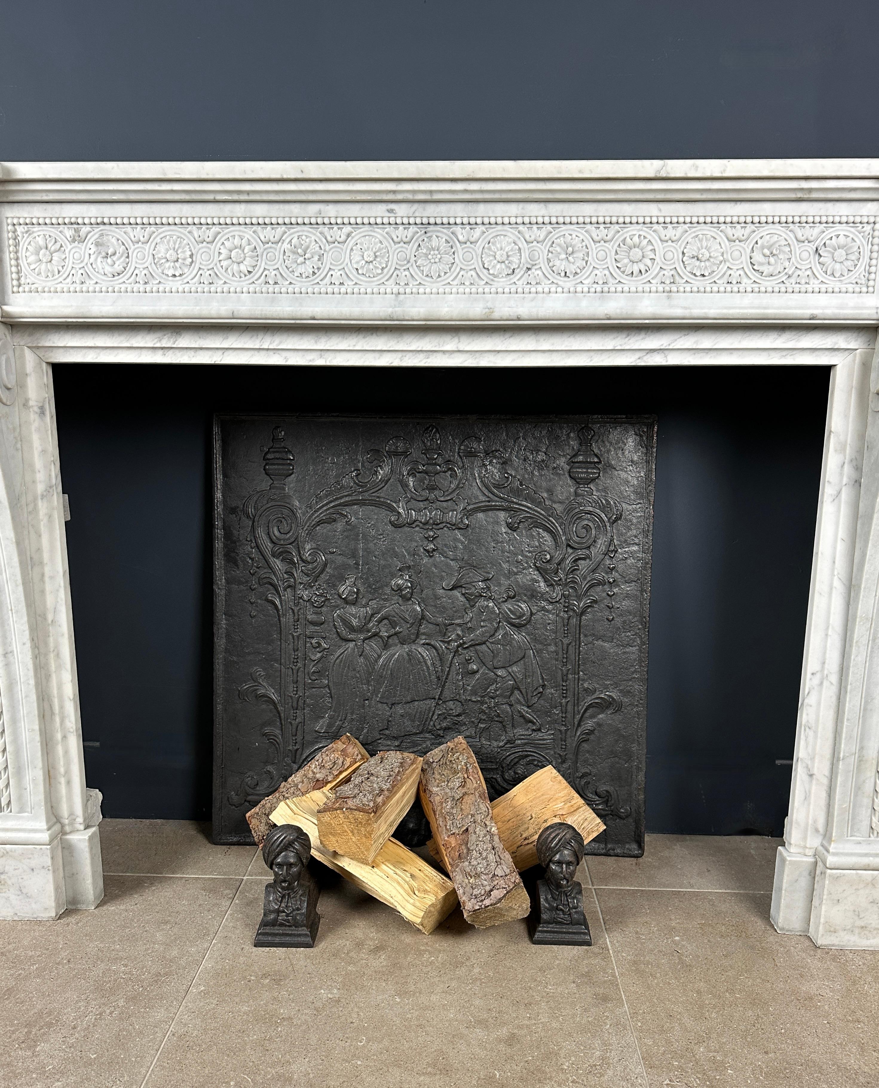 Hand-Carved Beautiful French Antique Louis XV Front Fireplace in Carrara Marble For Sale
