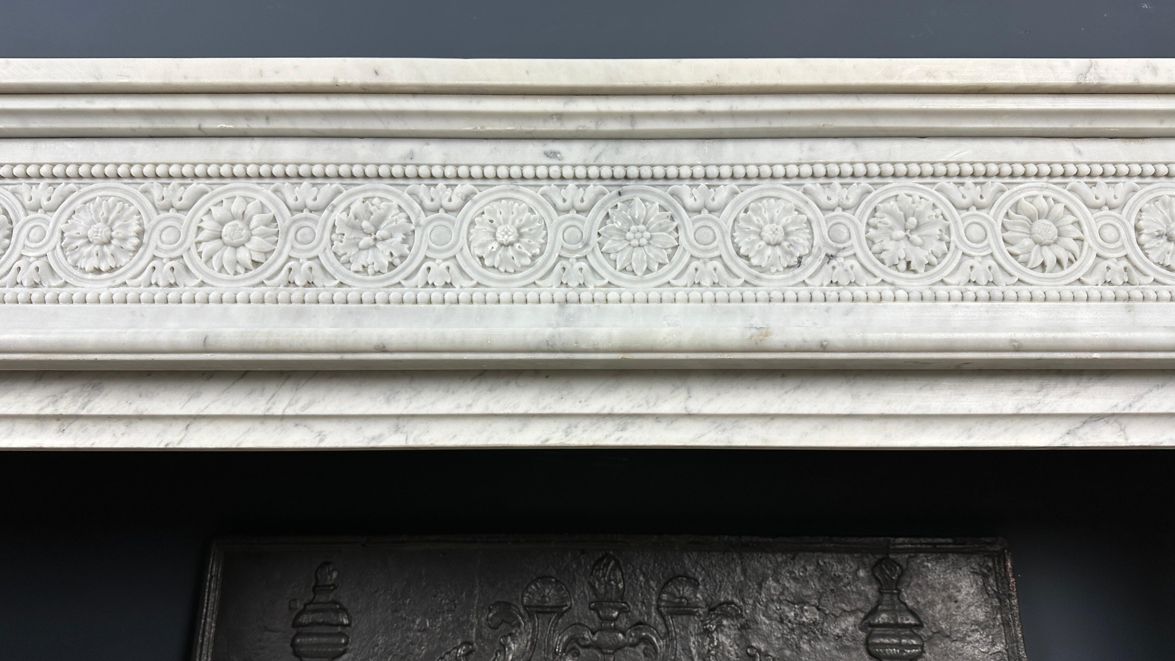 19th Century Beautiful French Antique Louis XV Front Fireplace in Carrara Marble For Sale