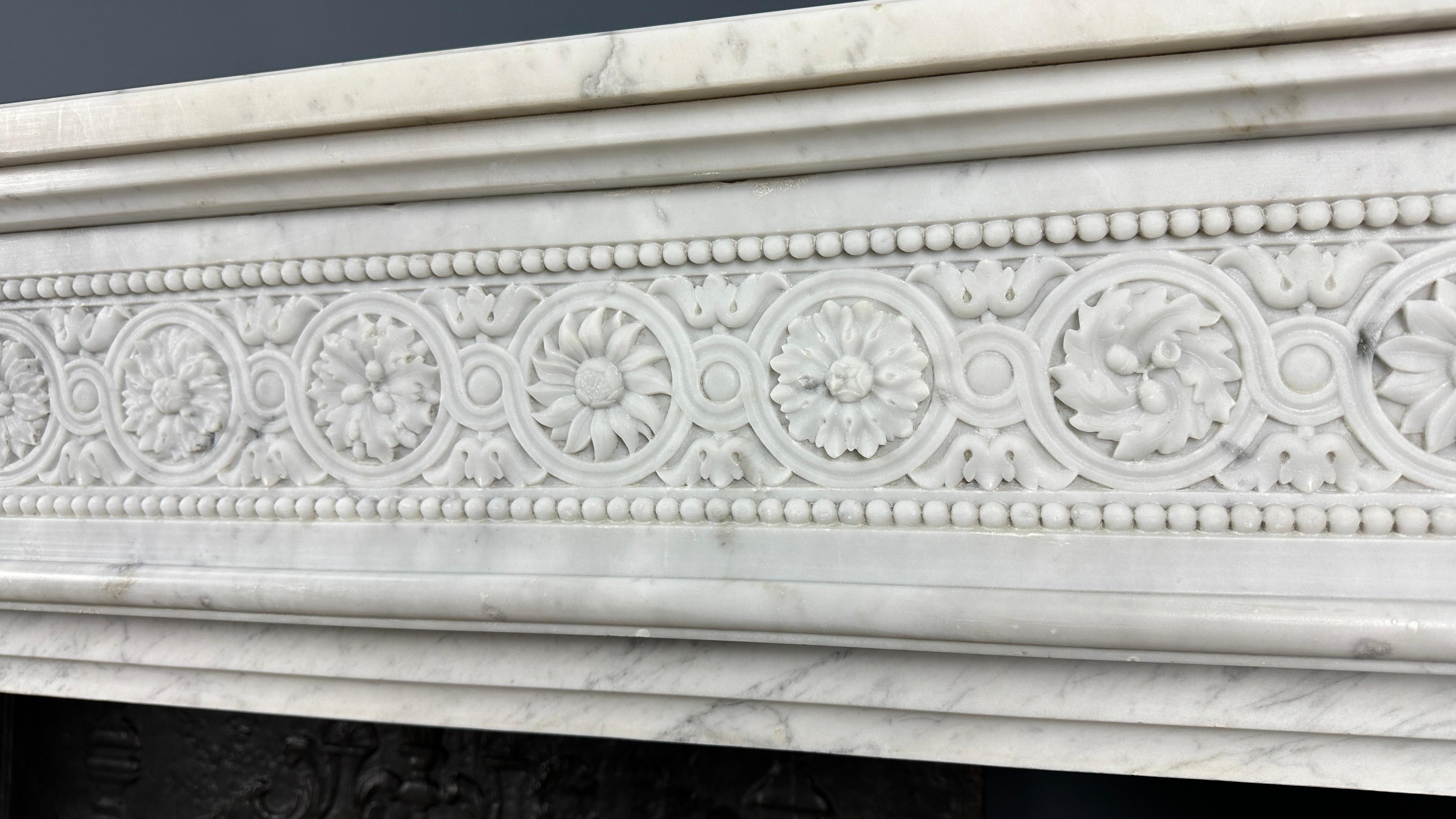Beautiful French Antique Louis XV Front Fireplace in Carrara Marble For Sale 1